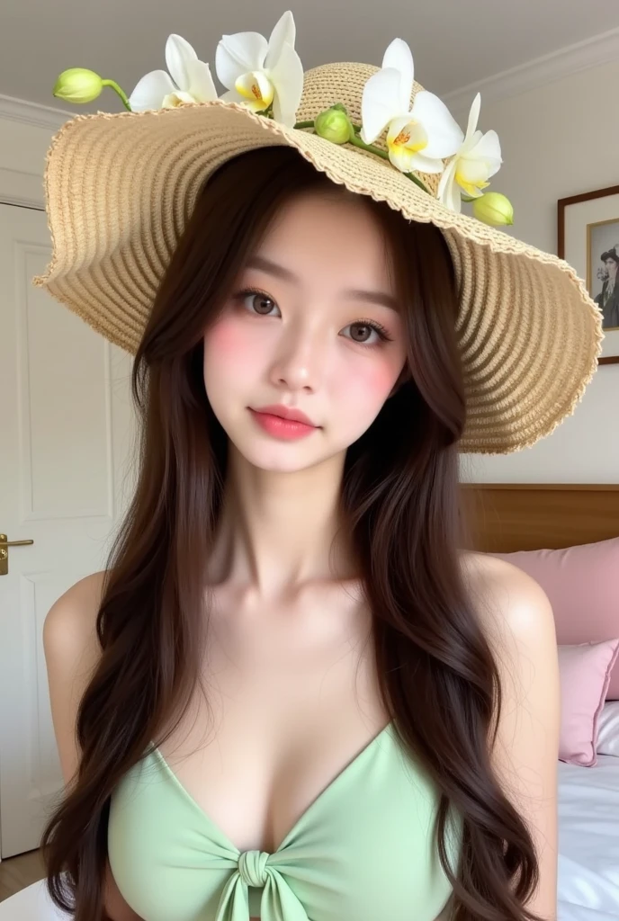 Dark brown hair、Light brown eyes、Japanese actress、 Lady、I am about 40 years old.....、(Intricate details:1.2)、(Which is the top?????:1.4)、 (Ultra-high resolution:1.2)、Ultra-high resolution、(Finely tuned)、(Detailed facial features)、Hmph、8K resolution、D cup size breasts、Long Hair、Updostyle, Updo、Hair Bun、1 Girl, Deep sorrowの表情, (Very detailed美しい顔), (camisole:1.5), (Bare shoulders:1.3), (Highest quality:1.4), (Very detailed)、Beautiful fair skin with transparency,、Top View、 Open your mouth a little、Her legs are visible through the dress、Deep sorrow、Pose of Weakness、Obscene pose、Sit on the pool bed、、By the pool、Beach Bed、Summer beds、Wide-brimmed hat、Actress Cap、under the sun、sunlight、Wide-brimmed hat、Straw hat、Hats to wear at the resort、elegant、Actress-like hat、