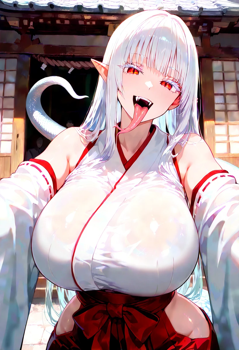 white colored hair , big breastes , sexy anime woman , looks at us with a smile , in red bra and panties , on a bed