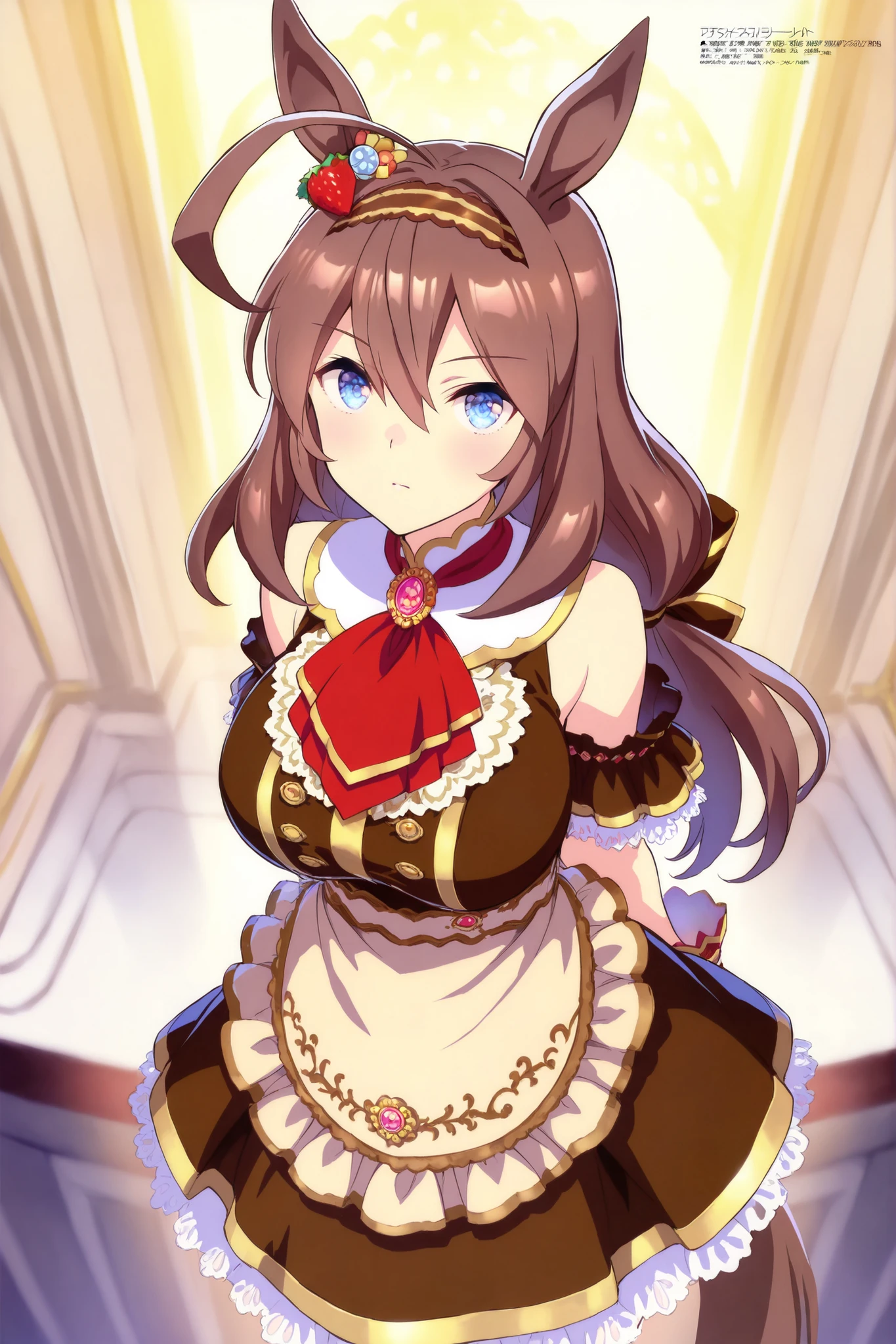 (fuzichoco:0.3),(takeda hiromitsu:0.3),(hinata nao:1),(MIN-NARAKEN:0.3), solo, 1girl, masterpiece , best quality , absurdres , unity 8k wallpaper , , source_anime , uncensored , game cg , megami magazine , ultra delicate hair , mihono bourbon \(umamusume\) , 1girl , (umamusume) , horse ears , brown dress , looking at viewer , brown hairband , brooch , closed mouth , white gloves , red ascot , waist apron , sleeveless , arm garter , strawberry hair ornament , brown hair bow , wrist frilled cuffs , cowboy shot , (large breasts) , (arms behind back,upturned eyes),looking at viewer