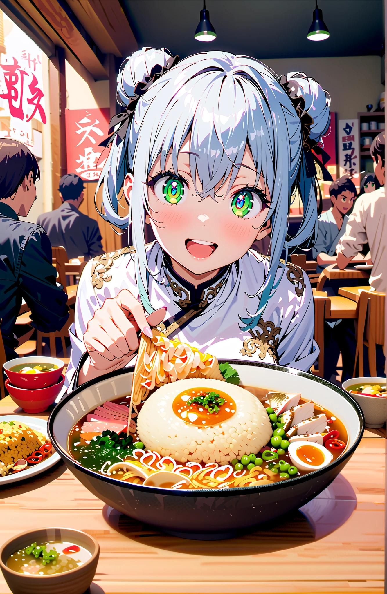 score_9, score_8_up, score_7_up, source_anime,Prohibited bibliography, green eyes, Silver Hair, side lock,Split Bangs,Double bun hair, smile,cover,open your mouth,White Chinese clothing,long slit,pin heels,sitting on a chair,Ramen, fried rice, and gyoza are placed on the table,crowd,break indoors, ramen shop,
break looking at viewer,full body,
break (masterpiece:1.2), Best Quality, high resolution, Unity 8k 壁紙, (illustrations:0.8), (beautiful detailed eyes:1.6), very detailed face, perfect lighting on the table, Extremely Detailed CG, (perfect hand, perfect anatomy),