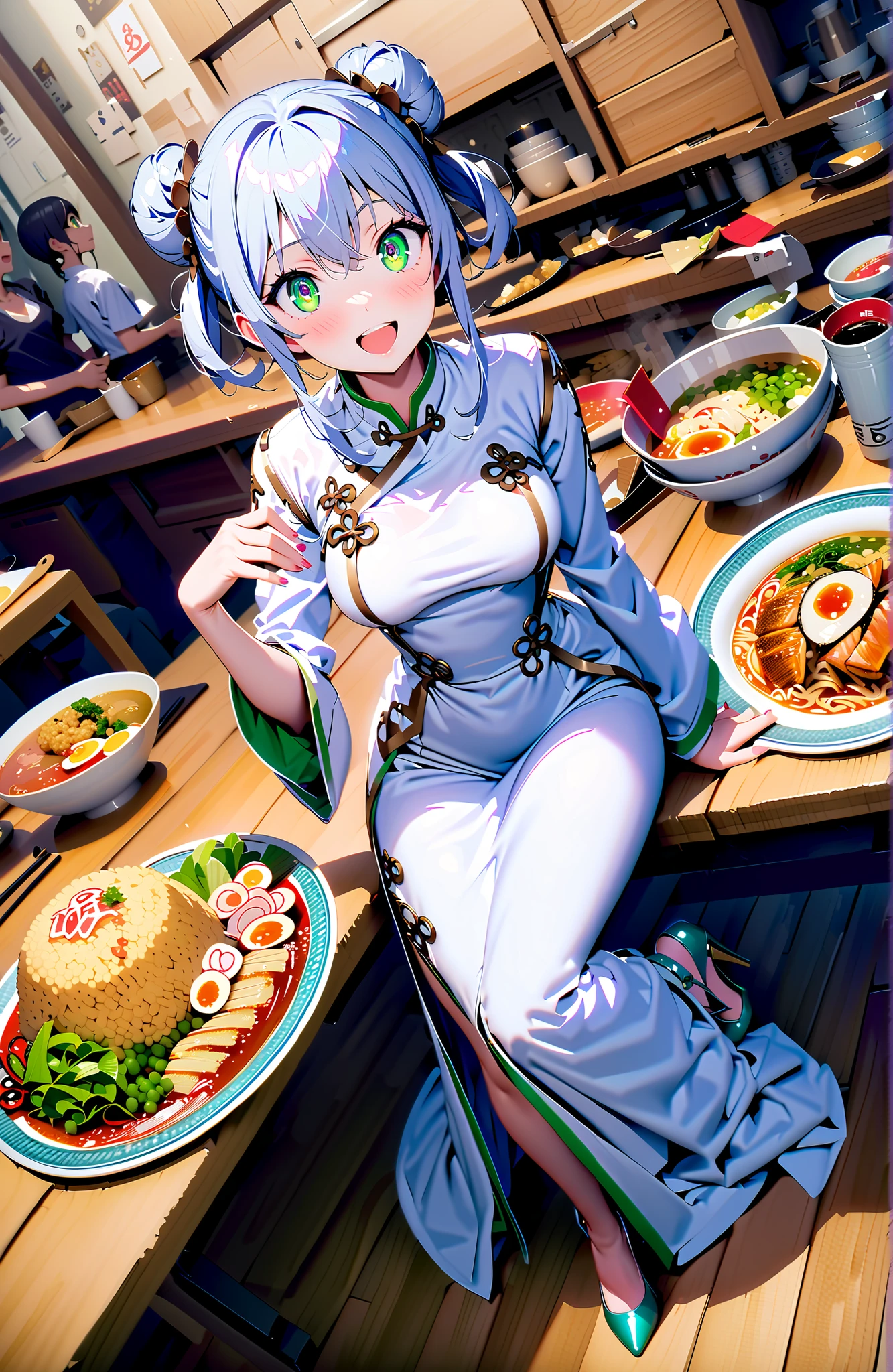 score_9, score_8_up, score_7_up, source_anime,Prohibited bibliography, green eyes, Silver Hair, side lock,Split Bangs,Double bun hair, smile,cover,open your mouth,White Chinese clothing,long slit,pin heels,sitting on a chair,Ramen, fried rice, and gyoza are placed on the table,crowd,break indoors, ramen shop,
break looking at viewer,full body,
break (masterpiece:1.2), Best Quality, high resolution, Unity 8k 壁紙, (illustrations:0.8), (beautiful detailed eyes:1.6), very detailed face, perfect lighting on the table, Extremely Detailed CG, (perfect hand, perfect anatomy),