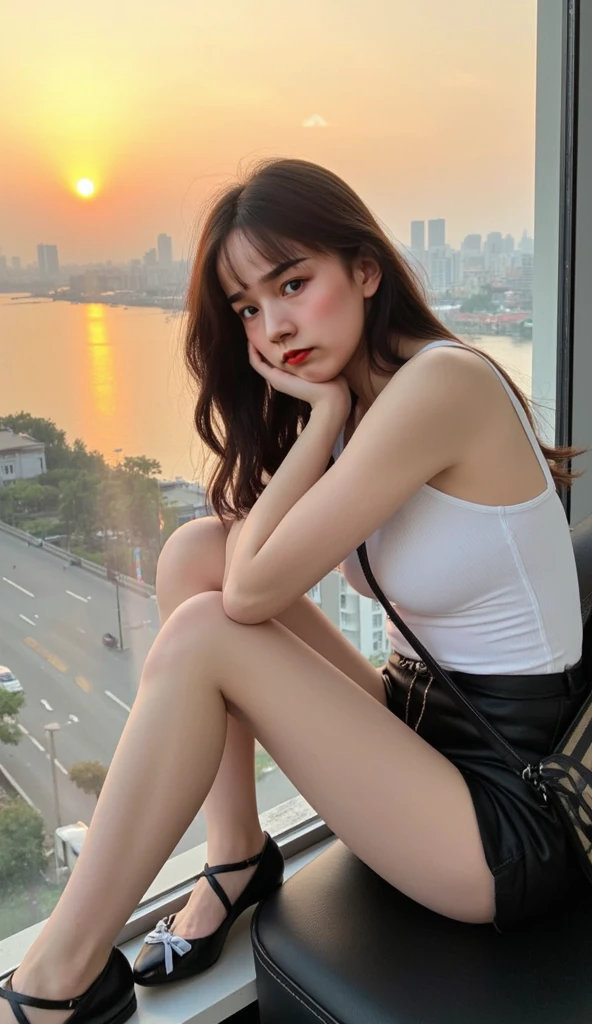 (masterpiece, best quality:1.3, fisheye), extremely high detailed, intricate, 8k, HDR, cinematic lighting, front pov ((street:1.4, bent over against pov, hands grabing viewer )), ryujin, , slim waist, wide hips, narrow face, plump cheeks, small , wearing a loose fitted ootd.