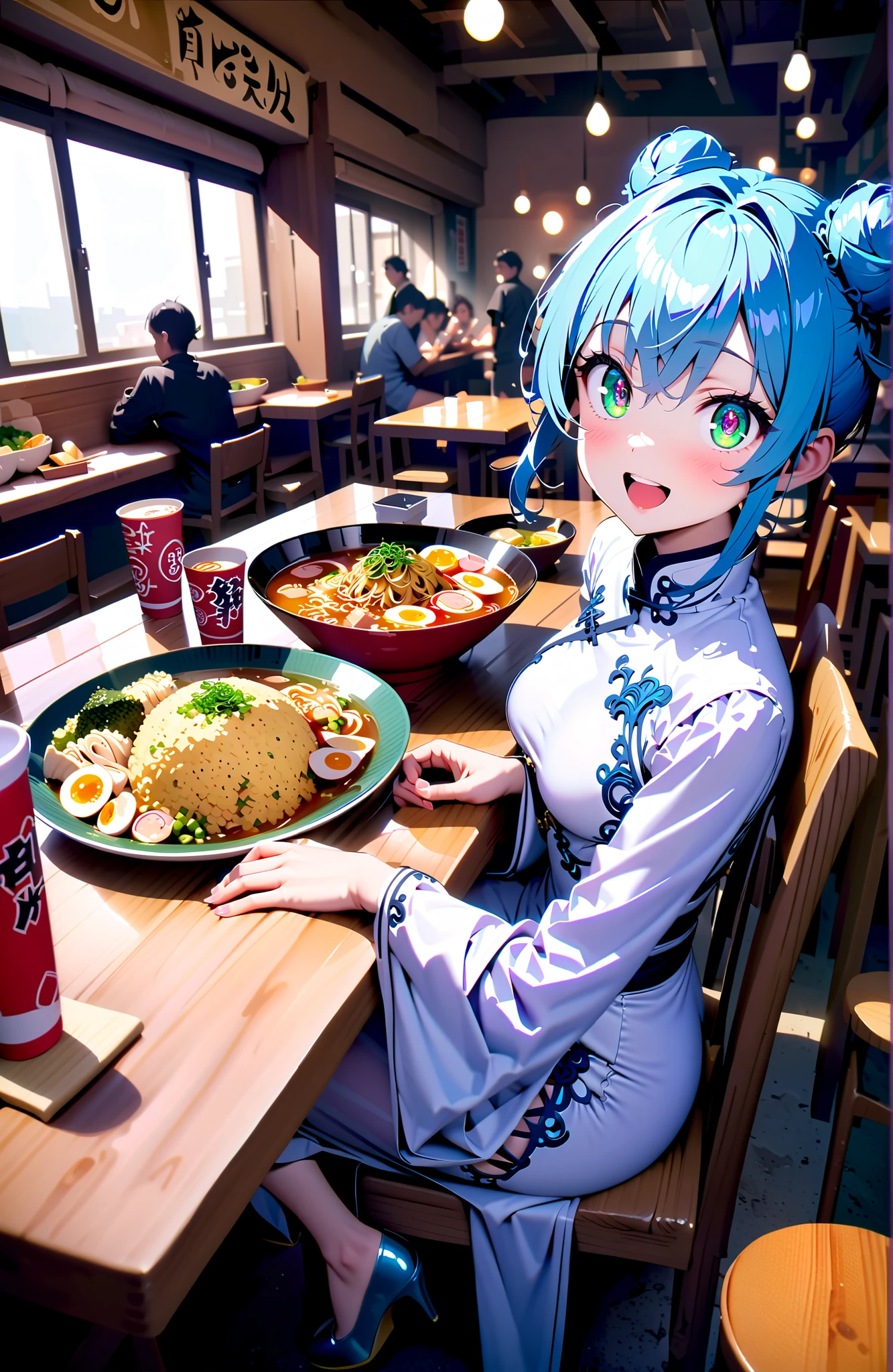 score_9, score_8_up, score_7_up, source_anime,Prohibited bibliography, green eyes, blue hair, side lock,Split Bangs,Double bun hair, smile,cover,open your mouth,White Chinese clothing,long slit,pin heels,sitting on a chair,Ramen, fried rice, and gyoza are placed on the table,crowd,break indoors, ramen shop,
break looking at viewer,full body,
break (masterpiece:1.2), Best Quality, high resolution, Unity 8k 壁紙, (illustrations:0.8), (beautiful detailed eyes:1.6), very detailed face, perfect lighting on the table, Extremely Detailed CG, (perfect hand, perfect anatomy),