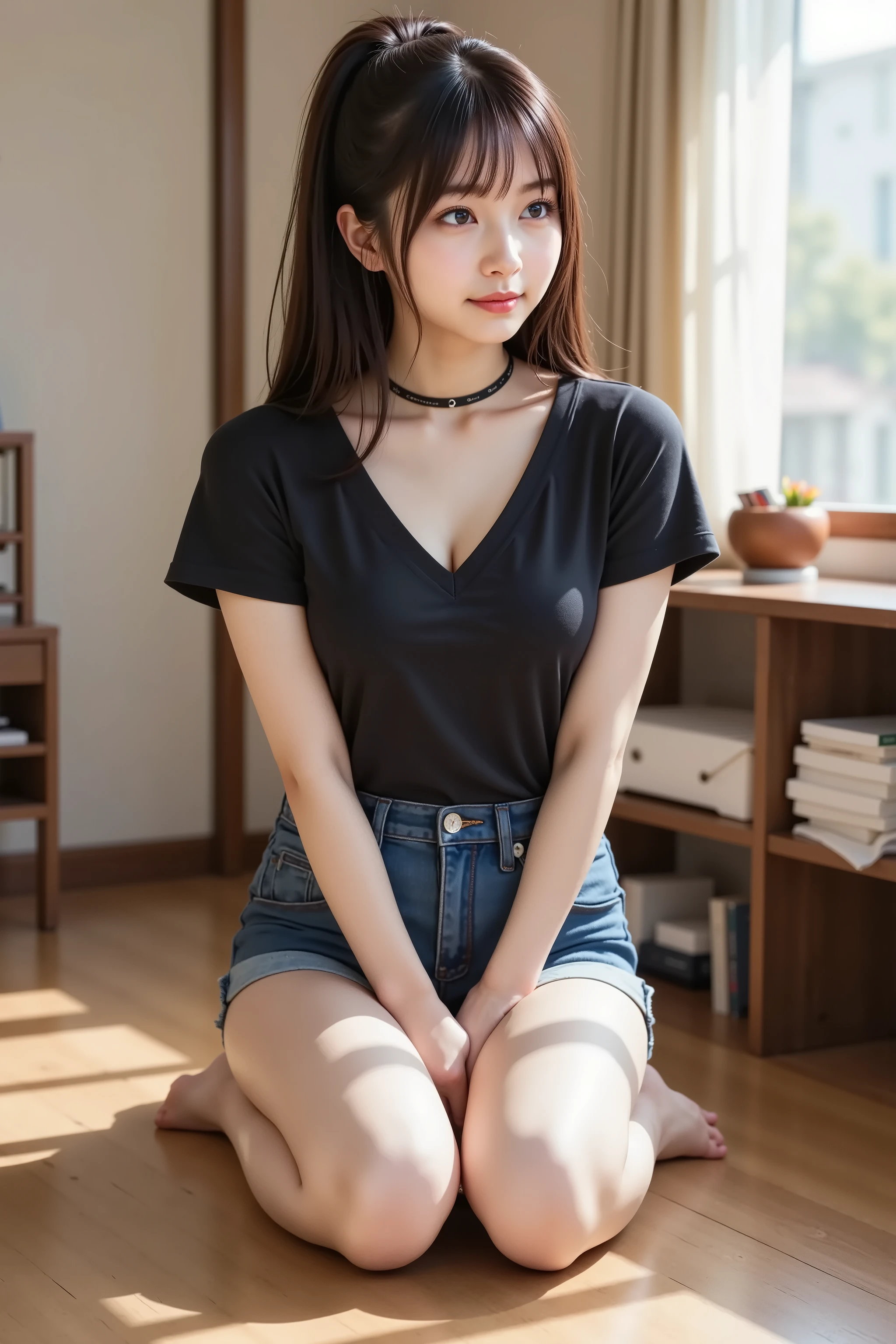 huge breast, Cleavage, ultra-realistic digital illustration of a slender young woman sitting in a typical Japanese apartment room. She is captured in a tight medium shot from the top of her head to just above her knees, with her entire head fully included within the frame to ensure no part is cropped. Her face is fully visible and centered in the frame. Her long black hair is loosely tied at the back, with two soft strands framing her cheeks. She is seated on the floor in a relaxed mikazuki or triangle-sitting pose, with both knees drawn up closely to her chest and her arms loosely wrapped around her shins. Her head is gently tilted sideways, resting softly against one of her knees, with her cheek pressed to the skin. Her eyes look forward with a quiet, contemplative expression, capturing an intimate and serene moment. She wears a fitted black V-neck short-sleeved T-shirt made of soft cotton, which naturally follows the curves of her body. The V-shaped neckline dips slightly at the center, subtly framing her collarbones and a delicate line of cleavage. The fabric stretches gently across her chest and folds softly around her posture, reflecting the ambient light with realistic depth. Her lower half is dressed in classic blue denim shorts that sit at her hips and end at her upper thighs, the edges slightly frayed to give a casual, lived-in feel. Her bare legs are drawn close, with knees pointed upward and feet flat on the floor, softly lit by warm daylight. A simple black choker circles her neck, offering a subtle accent to her overall minimalistic outfit. The background features a typical Japanese room with wooden flooring and light-colored wallpaper. A low wooden table with a zabuton cushion is nearby, alongside a small bookshelf filled with books, plants, and personal items. Daylight filters in through a window with sheer curtains, casting natural shadows and highlights throughout the room. A sliding door is slightly open, revealing a neatly folded futon be