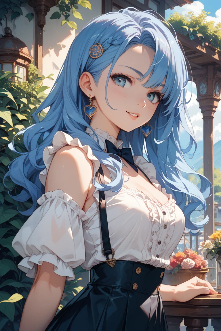 (Medieval Europe:1.2),(best quality,high resolution,masterpiece:1.2),(Stills),(Sunny atmosphere:1.3),Front view,(1 beautiful woman),(A 23-year-old woman with semi-long hair),(Soon,only revealing his upper body:1.0),(big:1.3),(),(Depth of Field),(Outdoor during the day,:1.2)，Blue Hair，s eyes，short hair，posture