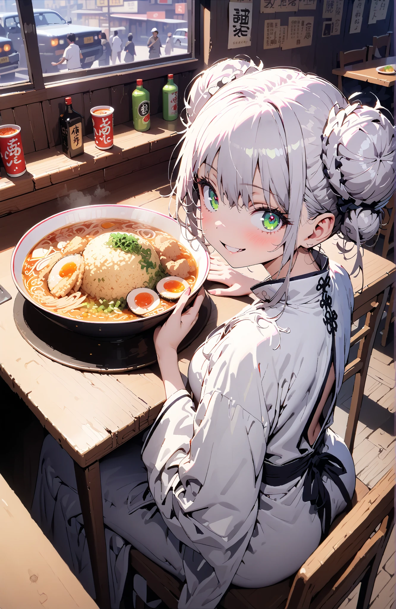 Prohibited bibliography, green eyes, Silver Hair, side lock,Split Bangs,Double bun hair, smile,cover,open your mouth,White Chinese clothing,long slit,pin heels,sitting on a chair,Ramen, fried rice, and gyoza are placed on the table,crowd,break indoors, ramen shop,
break looking at viewer,full body,
break (masterpiece:1.2), Best Quality, high resolution, Unity 8k 壁紙, (illustrations:0.8), (beautiful detailed eyes:1.6), very detailed face, perfect lighting on the table, Extremely Detailed CG, (perfect hand, perfect anatomy),
