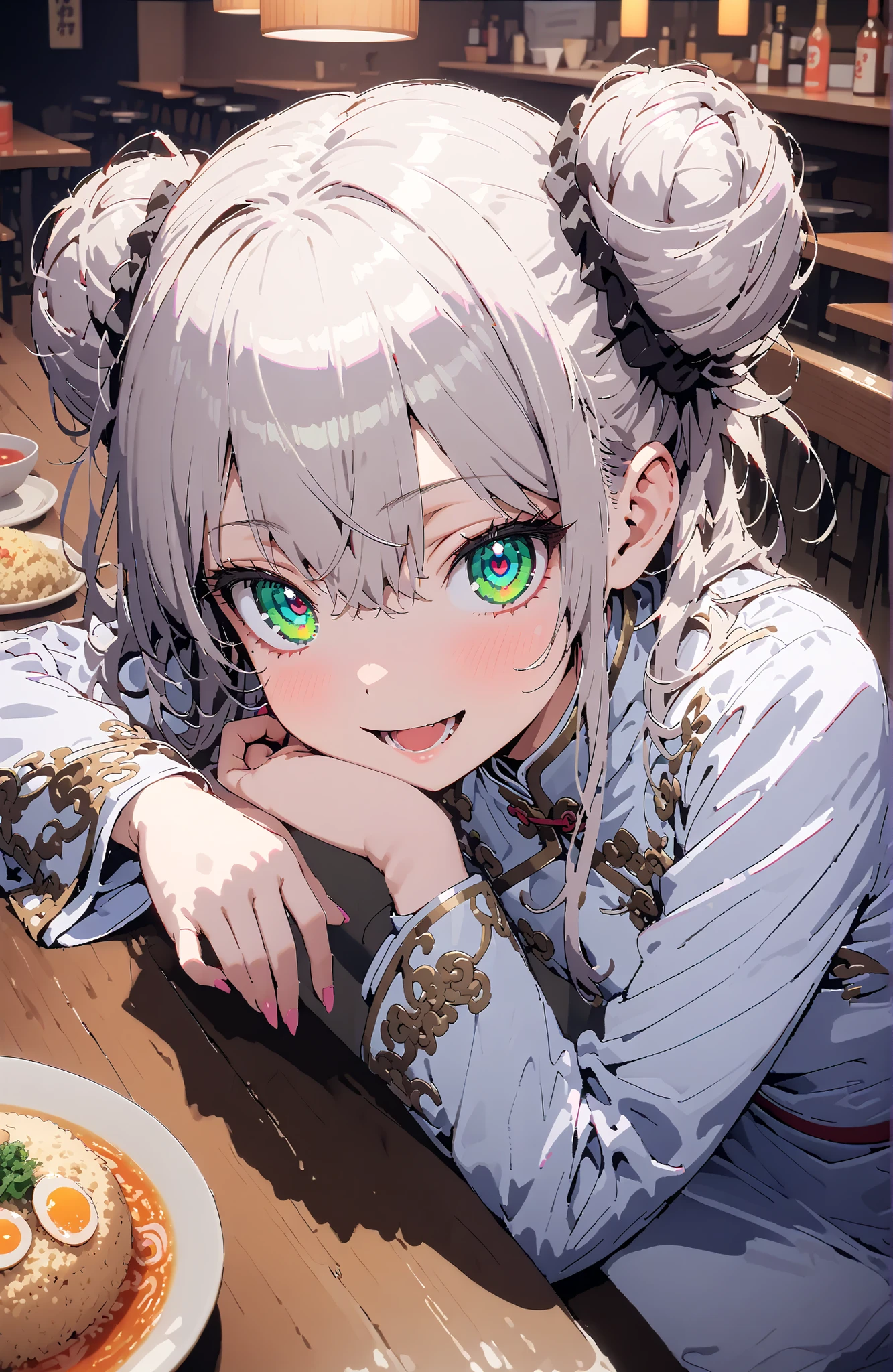 Prohibited bibliography, green eyes, Silver Hair, side lock,Split Bangs,Double bun hair, smile,cover,open your mouth,White Chinese clothing,long slit,pin heels,sitting on a chair,Ramen, fried rice, and gyoza are placed on the table,crowd,break indoors, ramen shop,
break looking at viewer,full body,
break (masterpiece:1.2), Best Quality, high resolution, Unity 8k 壁紙, (illustrations:0.8), (beautiful detailed eyes:1.6), very detailed face, perfect lighting on the table, Extremely Detailed CG, (perfect hand, perfect anatomy),