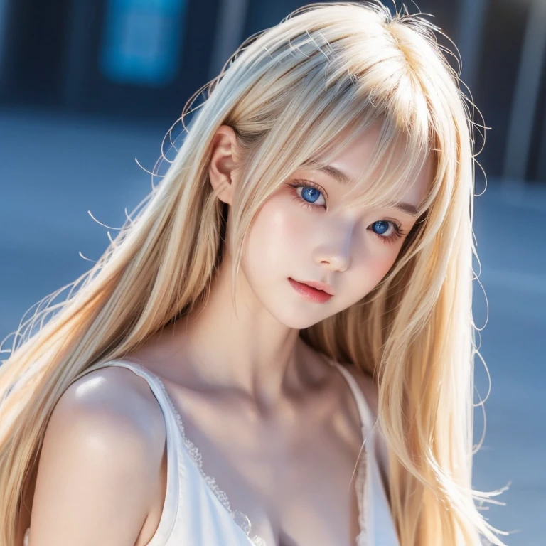 Clear White Glossy Skin 、 Disturbing Wind Blonde in Front of a Cute Face 、 Cute Sexy Little Beautiful Face of a 20 Year Old 、beautiful blond straight long hair that shines like silk、very beautiful extremely bright pale white big light blue eyes、 Super long sexy blonde dancing in front of her face、 Cute Young Beautiful Girl 、long, Natural, Dazzling Blonde Glow 、 Super Long Bright Blonde Hair 、White, shiny skin、Gloss Face、Cheek gloss、Perfect beauty、round face、Cheek highlight、round face、bungs, 目の間のbungs, とてもlongい髪, hair on eyes, Too much hair, 眼と眼の間のbungs、hidden eyebrows under hair, big sparkly eyes, Sparkling Eyes,