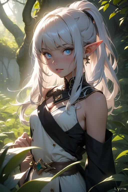 (highres,best quality),detailed elf woman,detailed face,detailed eyes,looking up to the sky,half-naked,vibrant colors,landscape background,forest elements,waterfall,ethereal atmosphere,soft sunlight,serene expression,flowing hair,fantasy setting,magical ambiance,glowing flowers,delicate features,enchanted forest,rays of light,pastel hues,mystical creatures,majestic trees,sparkling water,dappled shadows,ethereal beauty,fierce yet elegant,graceful posture,strong connection with nature,mysterious eyes,wisdom and enchantment,harmonious blend of fantasy and reality,mythical realm,magic in the air,serenity and tranquility,immersive experience,whimsical and captivating,unforgettable visual journey,masterpiece artwork