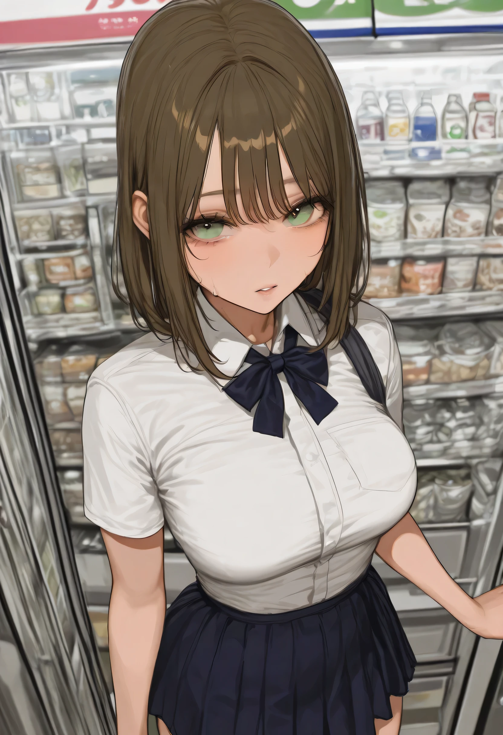 A sexy busty girl with short brown hair and green eyes wearing a tight school uniform is in a convenience store and takes a drink from the open refrigerator.