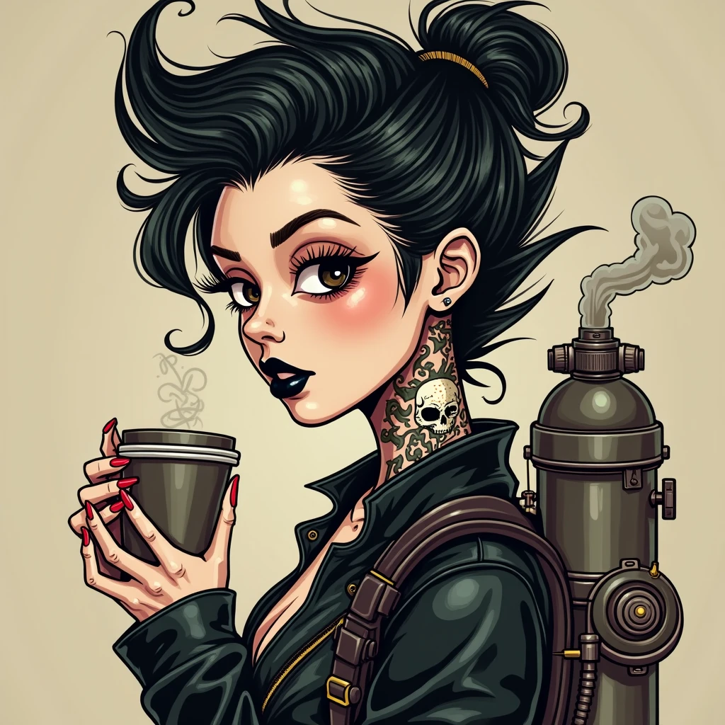 steampunk girl, black hair spikes on head, goth, fantasy, colorful, coffee paper cup in hand; image stylized retro-style, side pose, black lipstick, skull tattoo on neck, long finger nails, large black eyes, no back ground, steampunk elements on head and shoulder, black leather jacket, steam oxygen tank on back, black steampunk goggles on face