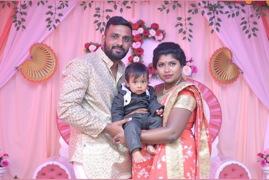 there are two men and a baby standing in front of a picture, complex background, edited in photoshop, portrait image, edited, full protrait, happy family, very very low quality picture, portrait picture, photoshopped, detailed portrait, background blur, full body photogenic shot, father, vinayak, background removed, with a kid, profile picture, added detail