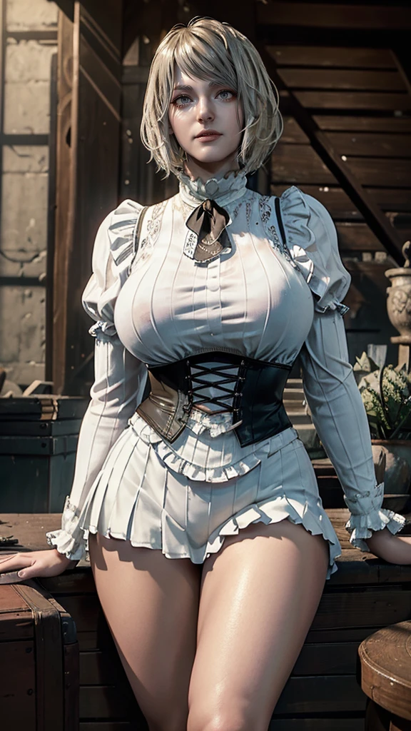 gwen tennyson,tracer,yorha 2b,rebecca chambers,atelier ryza,1girl,close up, aviator goggles,steam locomotive, steampunk theme,cloudy day,fishnet pantyhose,white long sleeve victorian top,long open front victorian ruffle skirt,brass pirate corset, brass neck jewelry,short hair,brass earrings,night gown,victorian city,gothic makeup, green eyes,orange hair,shy smile, freckles,redhead,beautiful girl,large breasts,ultra detailed,realistic,fantasy art,