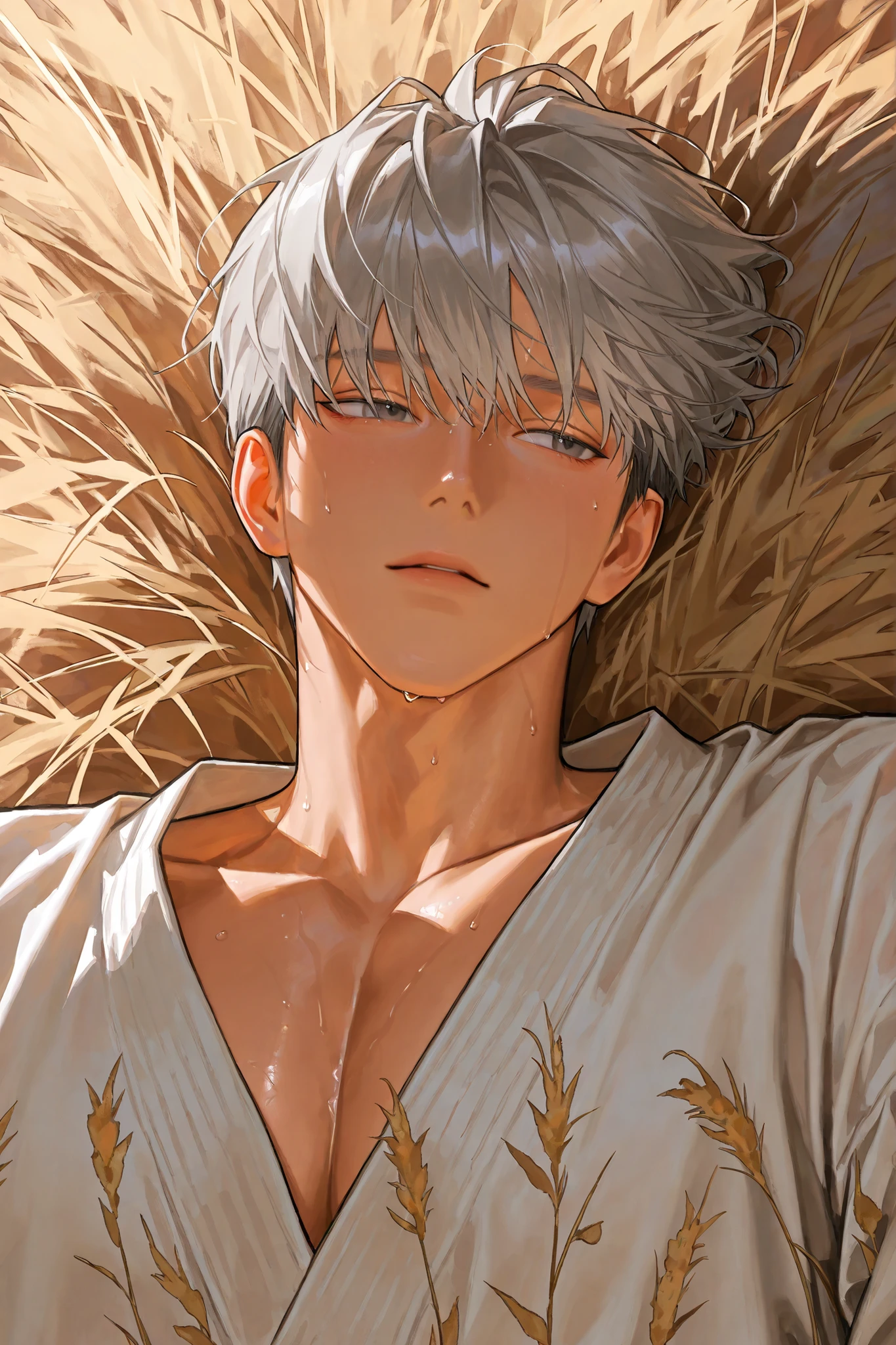 middle-aged male, handsome, Lying, 1명의 man,  MALE FOCUS, handsome man, Thick painted ,  Korean Comic Style ,  semi-realistic art  ,  semi-realistic art  style, expressive brushwork, Vibrant Brushstrokes,  Impressionist painting , realistic skin, Realistic Hair, realistic detail, photorealistic, high detail,  muscular, near,  heavy body, big 손, alone, alone, Front view, short hair, gray hair, All hair is light gray, man, big,  Nashi, countryside, sweat, wet, dark skin in the countryside,  tan skin , 하얀  Nashi, body revealed in the countryside, countryside에서, harsh
