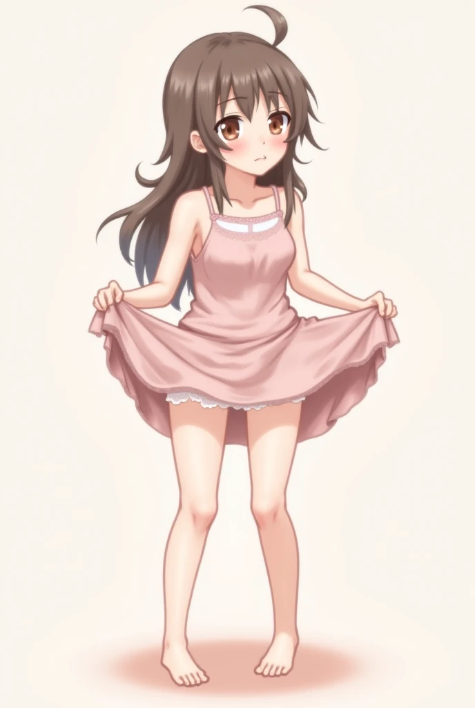 1girl, loli, cute daughter, happy, long hair, cute pink mini dress, upskirt, vagina spread cameltoe, (white panties side tie), white background