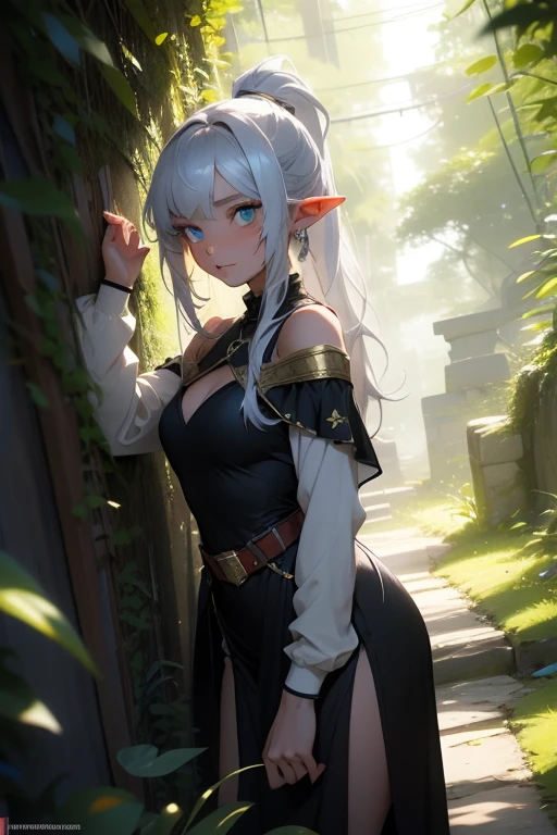 ((masterpiece, best quality)), insaneres, absurdres, solo, outdoors,
ANI_CLASSIC_pirotess_ownwaifu, www.ownwaifu.com,  
long hair, pointy ears, elf, dark skin, dark-skinned female, dark elf, breasts, white hair, circlet, large breasts, very long hair, yellow eyes, lips, armlet, long pointy ears, lipstick, makeup, bangs, nose, earrings, toned, silver hair, hair over one eye, forehead jewel, necklace, 
cleavage, white gloves, thighhighs, white legwear, armor, elbow gloves, no bra, breasts apart, belt, center opening, open clothes, short dress, white thighhighs,  white dress, thighs, 
narrow waist, sheathed, 
(contrapposto, looking back)<lora:ANI_CLASSIC_pirotess_ownwaifu-15:0.75>,
lens flare, depth of field, bokeh, embers, vanishing point, looking at viewer,