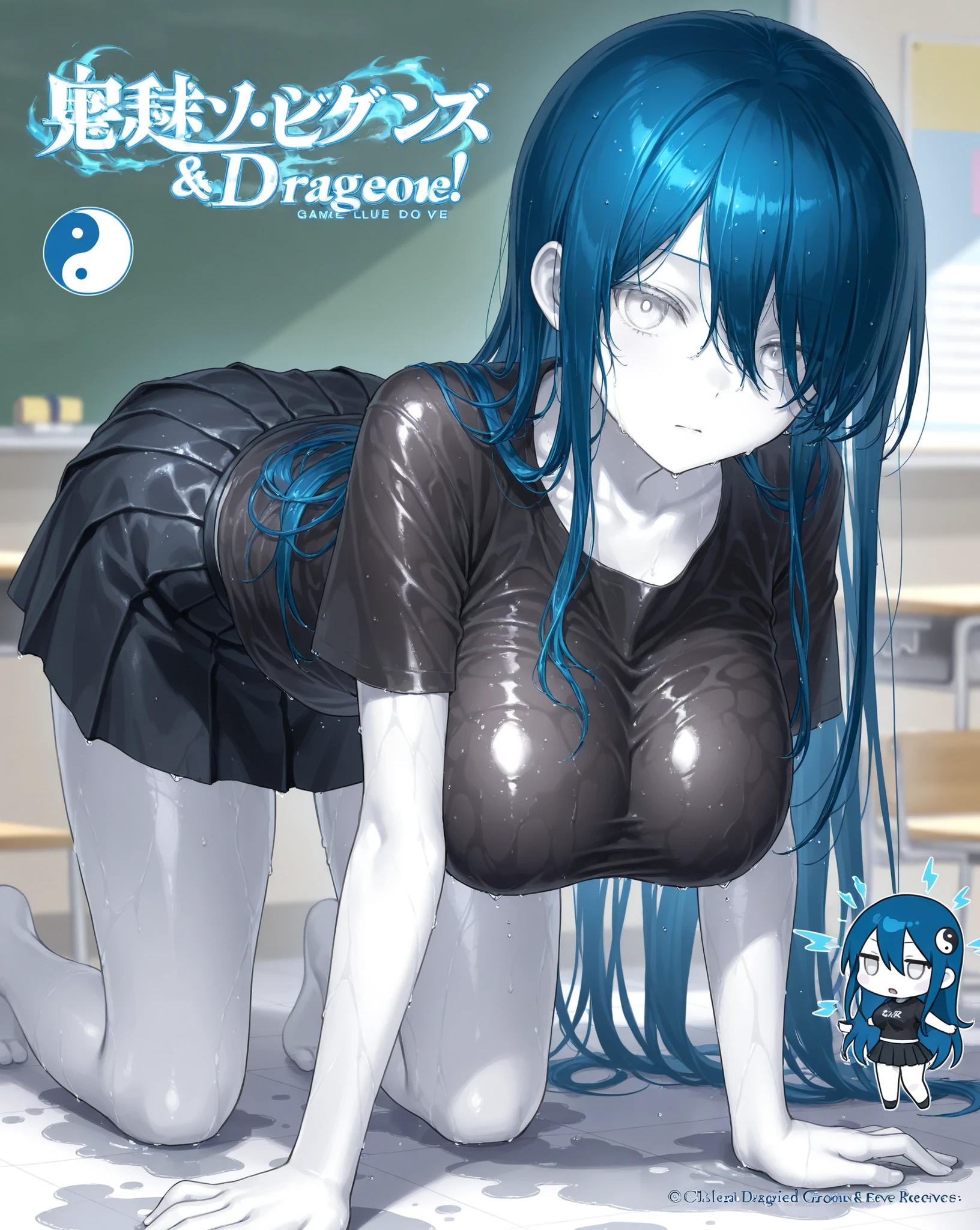 ((Highest quality、unity 8k wallpaper、32k、masterpiece、Very detailed、Ultra-high resolution、Ultra-high resolution、 Very detailedな顔, RAW Photos, Professional, Ultra-fine painting, Anatomically correct lizard girl)) AndroidKotegawa Yui morphing into blue Dragon, kotegawayui, Long black hair, Yellow Eyes, ((Reptile Eyes)、mouth with sharp fangs,,、From shoulder to collarbone、It is covered with fine scales up to its neck..、(In the ass、juxtaposition, Impressive lizard tail stretching from tailbone to spine) 、Lizard legs with sharp claws、Fine blue scales that grow like thigh-length socks、Fine blue scales that grow like long gloves、Long nails)、Nipples are fully visible、((There are fine scales on the sides、It has fine blue scales growing around its waist.., Scales on the back、Scales from flank to thigh))、The boundary between the scales and the skin is unclear、Big blue bat wings coming out of his back
