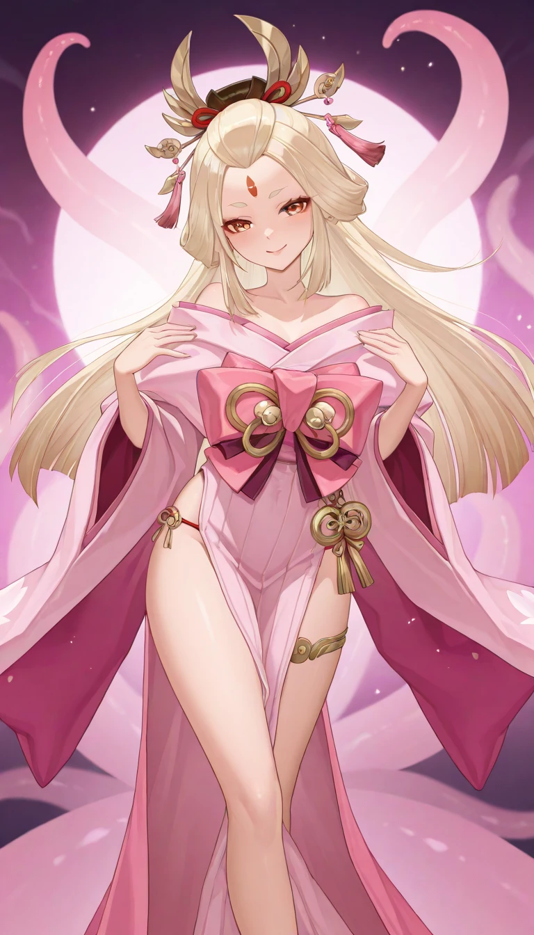 1girl,独奏,Long hair,Chest,Smile,blond,大Chest,Simple background,White background,Cleavage,Purple Eyes,whole body,Bathrobe,sandals,粉色Bathrobe
