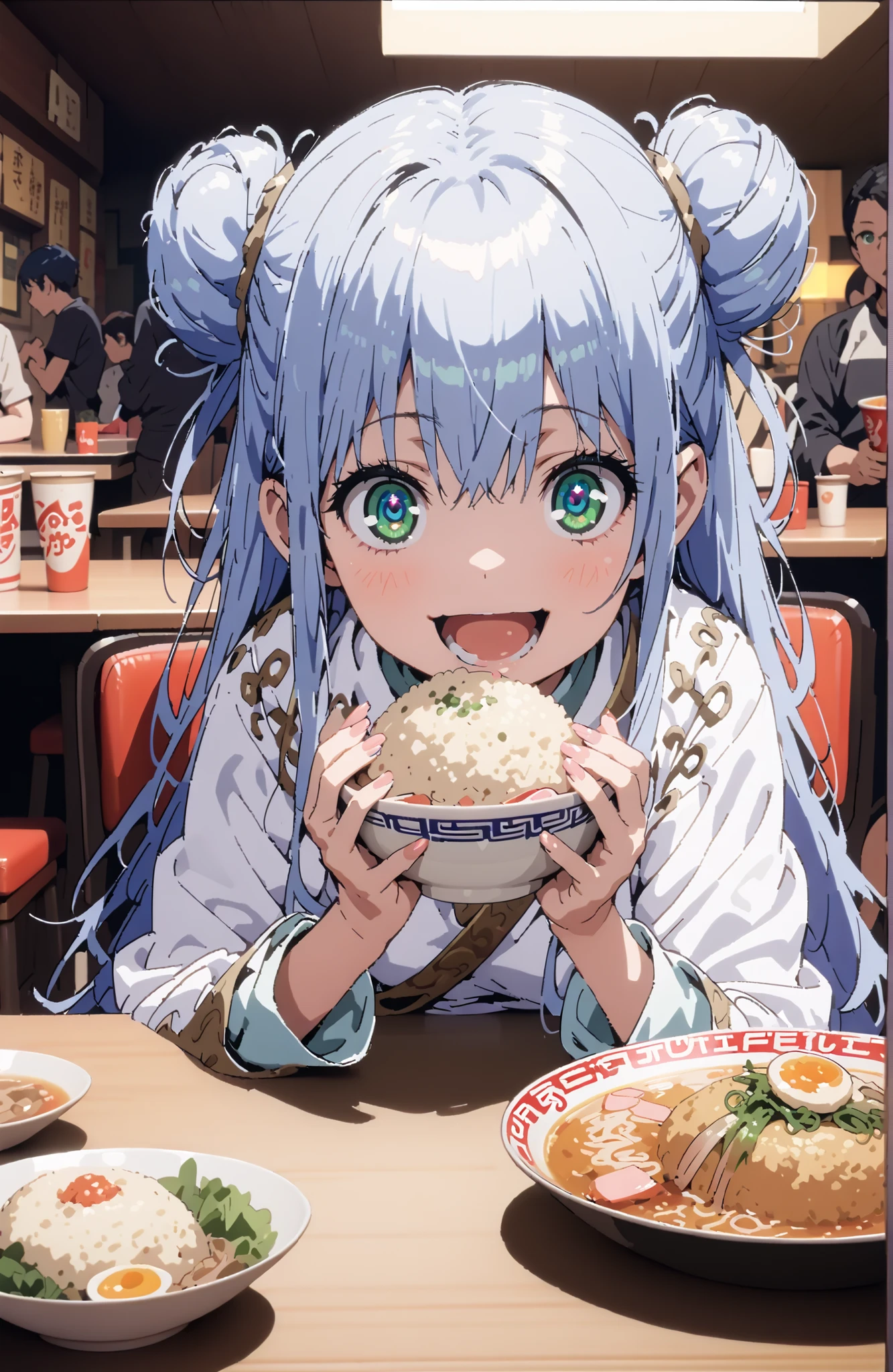 Prohibited bibliography, green eyes, Blue Hair, side lock,Split Bangs,Double bun hair, smile,cover,open your mouth,White Chinese clothing,long slit,pin heels,sitting on a chair,Ramen, fried rice, and gyoza are placed on the table,crowd,break indoors, ramen shop,
break looking at viewer,full body,
break (masterpiece:1.2), Best Quality, high resolution, Unity 8k 壁紙, (illustrations:0.8), (beautiful detailed eyes:1.6), very detailed face, perfect lighting on the table, Extremely Detailed CG, (perfect hand, perfect anatomy),