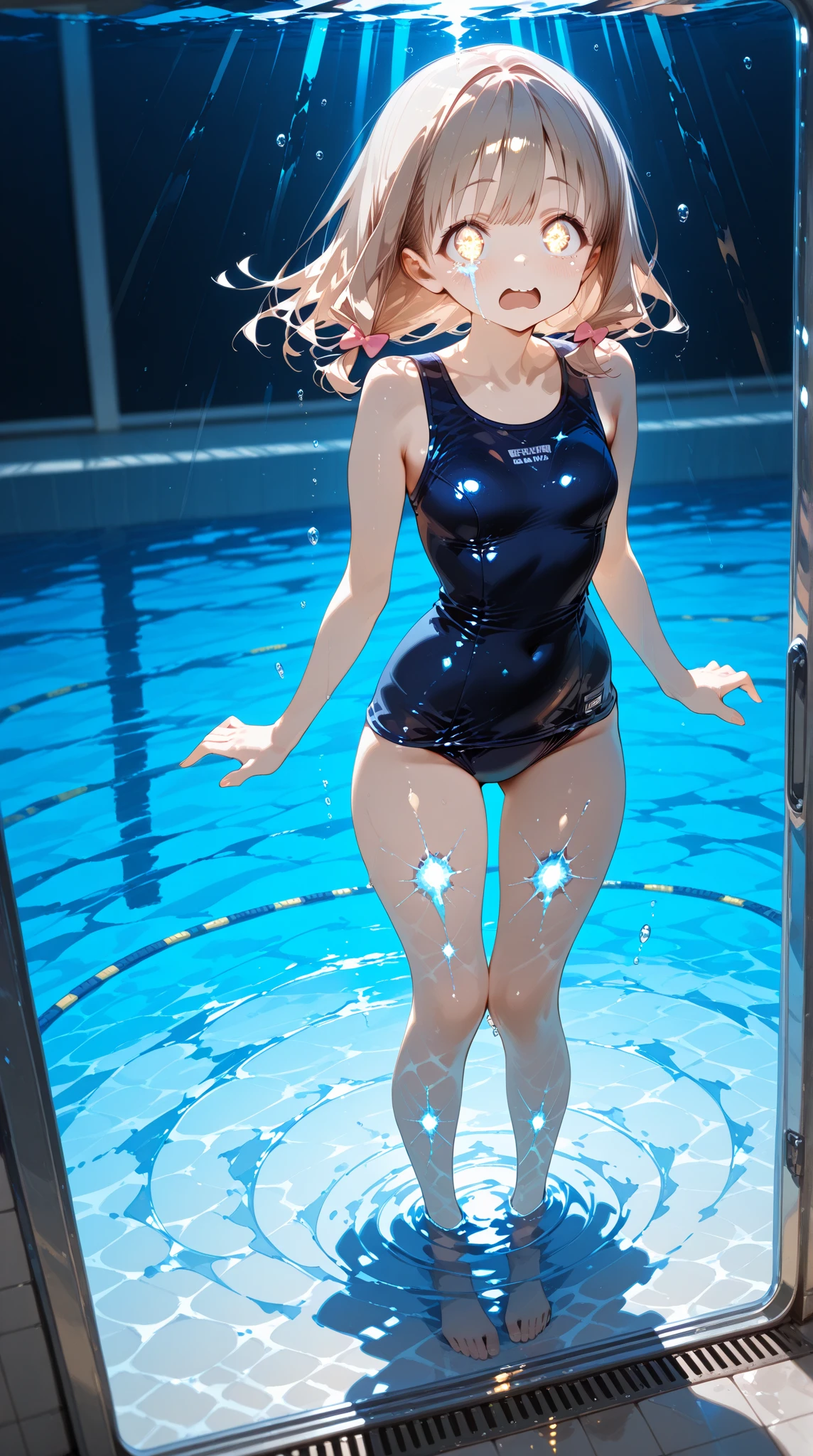 (masterpiece,highest quality,超A high resolution),japanese woman, (((very beautiful 14 year old girl))), pretty girl、look at the photographer、 ((beautiful low ponytail)), super cute face, glossy lips, double eyelids in both eyes,natural smile、 natural makeup, long eyelashes, Shiny and smooth hair、center image, perfect limbs, perfect anatomy,(((navy blue skirt school swimsuit))、pool,night,wet with water