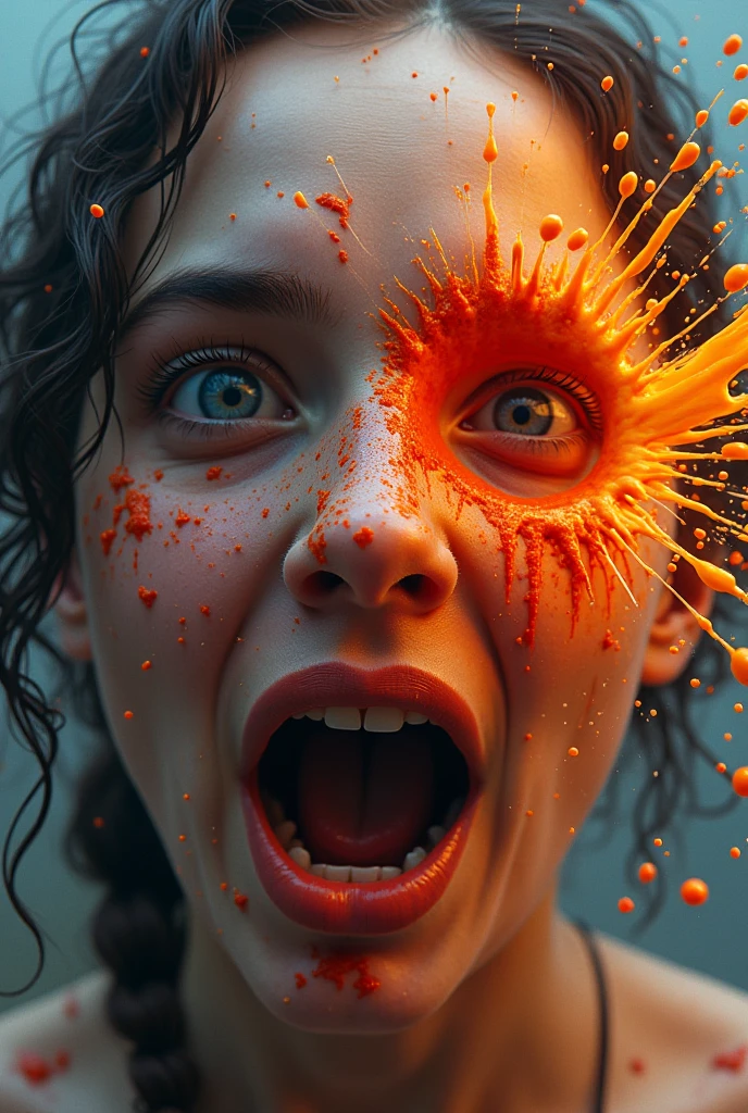 Human face with half a skull, burning in flames, demon watching, angel laughing, giant tear, reflection, detailed with flawless shadows