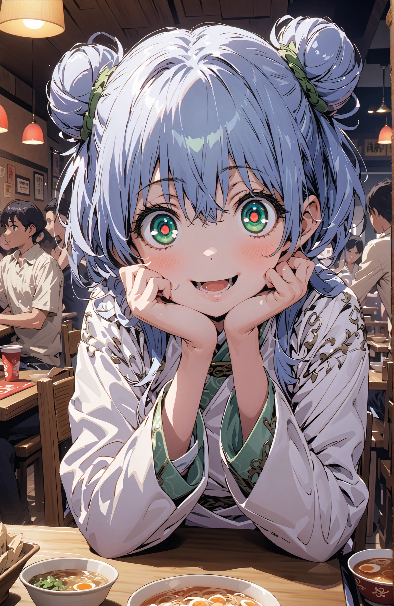 Prohibited bibliography, green eyes, Blue Hair, side lock,Split Bangs,Double bun hair, smile,cover,open your mouth,White Chinese clothing,sitting on a chair,Ramen is placed on the table,crowd,break indoors, ramen shop,
break looking at viewer,full body,
break (masterpiece:1.2), Best Quality, high resolution, Unity 8k 壁紙, (illustrations:0.8), (beautiful detailed eyes:1.6), very detailed face, perfect lighting on the table, Extremely Detailed CG, (perfect hand, perfect anatomy),