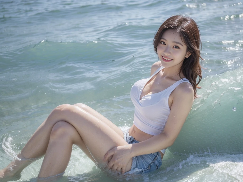 tmasterpiece，Need，full bodyesbian，8k1 girls，On the beach by the sea，Wear sexy swimsuits，By bangs，brunette color hair，Blushlush，beauty breast，鎖骨，Eyebrows visible through hair，grinning smile，Long hair，looking at viewert，ssmile，Solo，Shoes 1.6，Footwear，Footwear，plain view，sea beach，