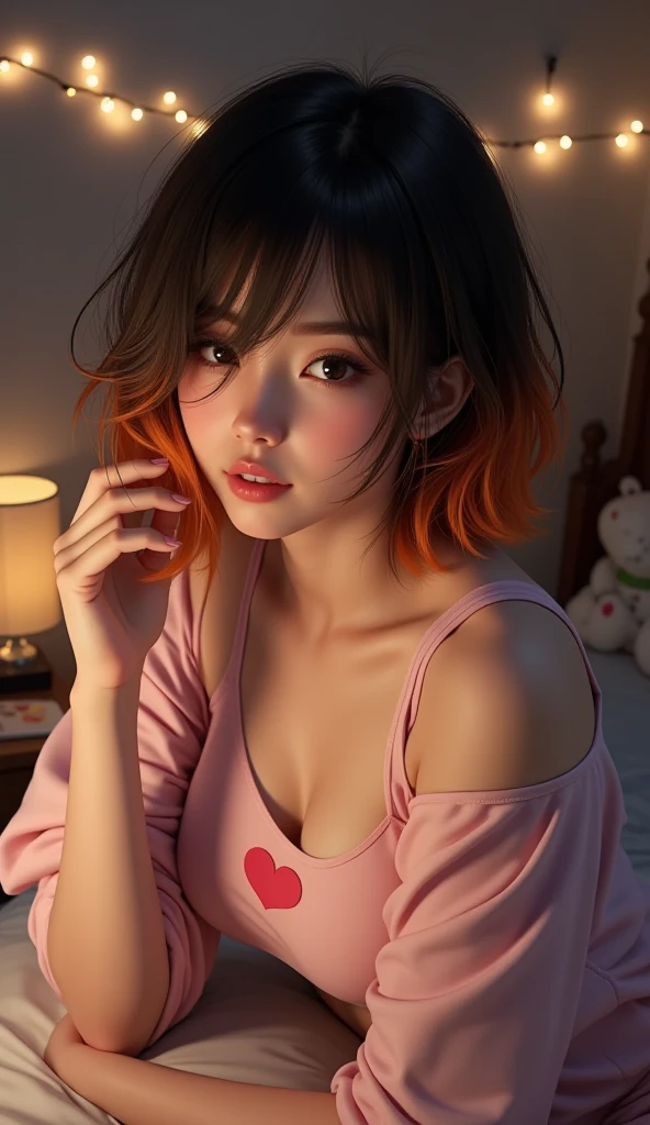 (Photorealistic: 2.0) (RAW Photo: 2.0), Best Quality, Masterpiece, Depth of Field, Photo, Round Face, Hair Color Burgundy, Short Hair, Autumn Leaves, Moon, Underwear, Low Angle, Nature Background, Night Sky --auto --s2