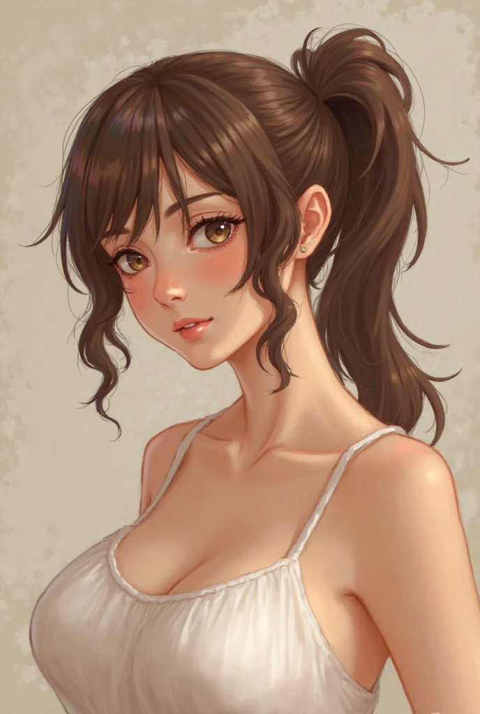 unusual brown hair and black eyes. Her long and silky hair was bound into a long ponytail. Her oval face and body skin was light peach with a hint of pale, making her extremely beautiful. She had worn a sexy one piece outfit , making her look sexy as the outfit showed her balanced curves and big