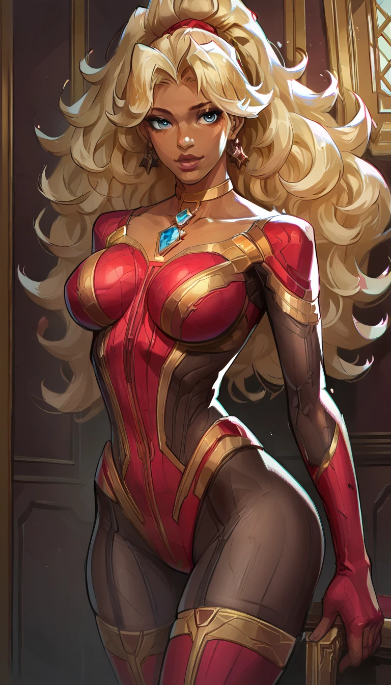 (masterpiece, best quality, high resolution,)a beautiful woman,((huge breasts)),,very short and curly golden hair,,,golden eyes,,,red lips((dark skin)),, plug-in suit, suit red and gold pilot full body flirty smile, red and gold interface headset,((white background,)), ((full body standing)),