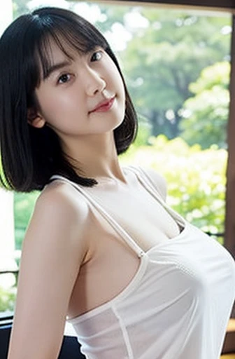 Open shirt, (((Leaning forward))), ((,Round face, Around 17 years old,mini skirt、loose tank top)), Long Hair, , Natural Makeup, Lips become thicker, Sexy Gaze, barefoot, ((Raise one leg)), Shooting from below,Gentle expression ,((Extremely precise and accurate anatomy)), (masterpiece:1.43), Perfect proportions, Realistic photos, Full Shot, whole body, (height: 165cm),