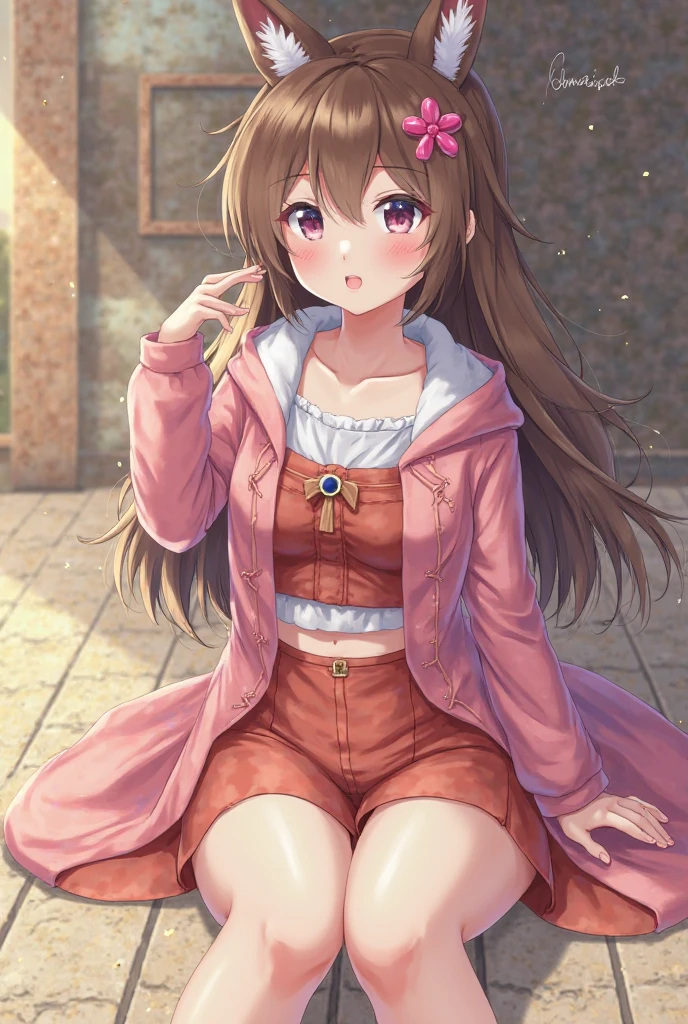 masterpiece, best quality, highres, aaishtar, long hair, two side up, hair ribbon, tiara, parted bangs, hoop earrings, collarbone, white swimsuit, white one-piece swimsuit, fur trim, pink jacket, long sleeves, single thighhigh, pink thighhighs, <lora:ishtar_(fate)_v1:0.7>, standing, cowboy shot, smile, outdoors
