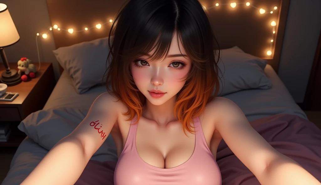 arafed femme pleinement , fille sexy aux yeux marrons, ultra réaliste, Méticuleusement détaillé, portrait sophie mudd, cheveux bruns et grands yeux, selfie d&#39;une jeune femme, yeux de la chambre, violette myers, sans maquillage, maquillage naturel, regarder directement la caméra, visage avec artgram, maquillage subtil, superbe photo de tout le corps à genoux sur le lit, dans la chambre, Buste de taille moyenne à grande