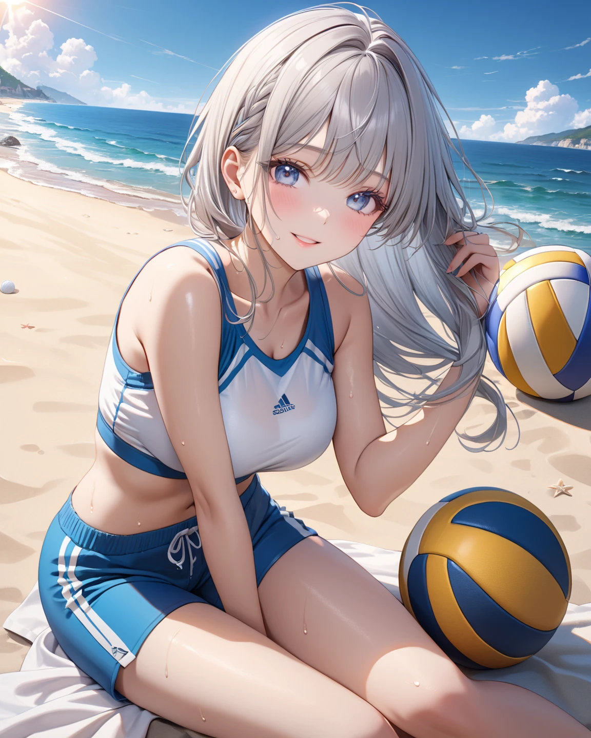 8k, 超A high resolution,RAW photo,(table top:1.2), (highest quality:1.2),realistic, realistic,sharp focus,Professional,girl holding a beach flag on the beach(long silver hair,blue bikini), Jump towards the flag, Small flag, Grab the flag, bring your face closer, Reach for the flag, swimsuit girl, scattering of sweat, competition