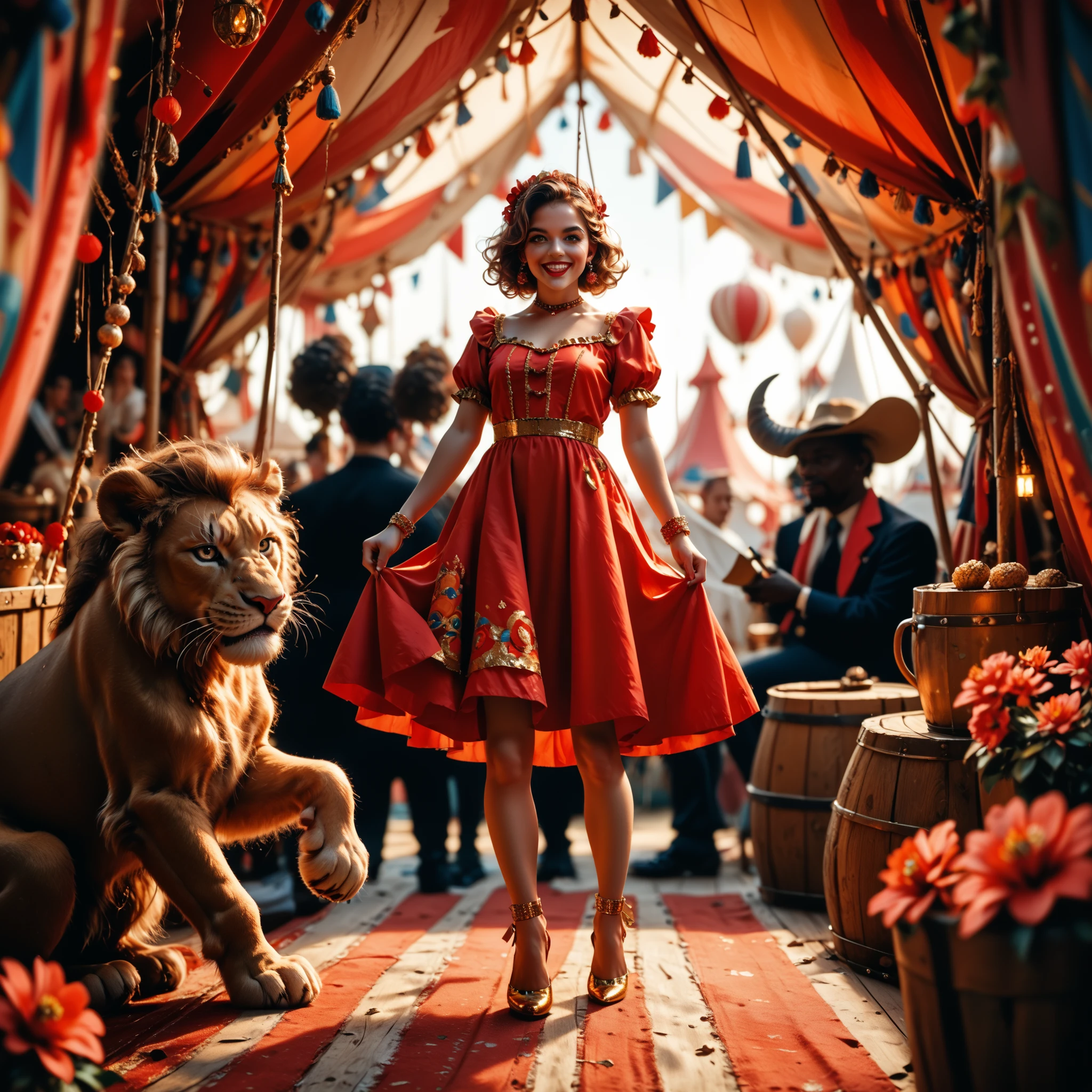 A photo-realistic shoot from a full body camera angle about a woman in a red outfit standing confidently in a circus tent, surrounded by animals. the image also shows a woman with long brown hair and a red flower in her hair, wearing a revealing red outfit with gold accents and high heels, standing in the middle of the image with her full body visible. the woman appears to be a young adult, with a slim body and a confident expression, looking directly at the viewer. she is wearing a red and gold sequined outfit with short sleeves and a high-waisted skirt, revealing her bare legs. her hair is styled in long hair, and she has a red ribbon tied around her head. in the background, there are circus tents with colorful ribbons, and a group of animals, including a lion and an elephant, in a dimly lit circus setting.