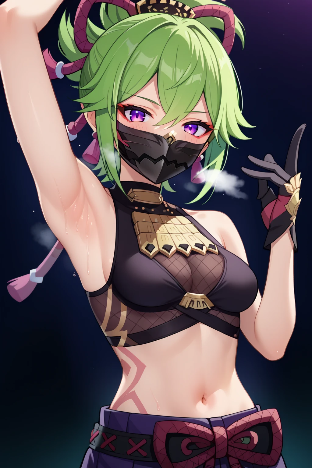 Cookie Effect Shinobu Genshin, Masterpiece, beste-Qualit, 1girls, oversized breasts, soli, crop-top, shorts, jeans;, Choker, (graffiti:1.5), color splashes, arm behind back, Against a wall, looking at the audience, A bracelet, thigh strap, Paint on the body......................................., tilt of head, bored, multi-colored hair, water eyes, earphones,