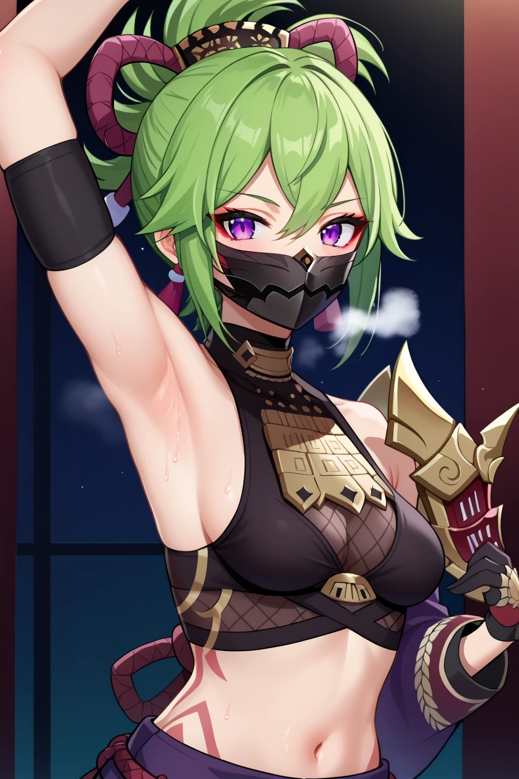 (volumetric lighting, Highres), (Detailed Illustration), Ultra-Detailed, 8k, nsfw, (detailed background, complex background:1.2),full-face blush, (milf, mature female:1.4), smile, happy, parted lips, <lora:kuki_shinobu:1> kuki_shinobu, ponytail, hair between eyes, ((mask)), hair ornament, ((mouth mask)), jacket, crop top, purple jacket, shorts, gloves, navel, midriff, rope, thighs, short shorts, skindentation, black shorts, thighhighs, thick chubby thighs, gigantic breasts, ninja mask (outdoors, busy park full of people, thighs, arms arms behind back, leaning forward) <lora:add_detail:.8> <lora:hairdetailer:0.6>