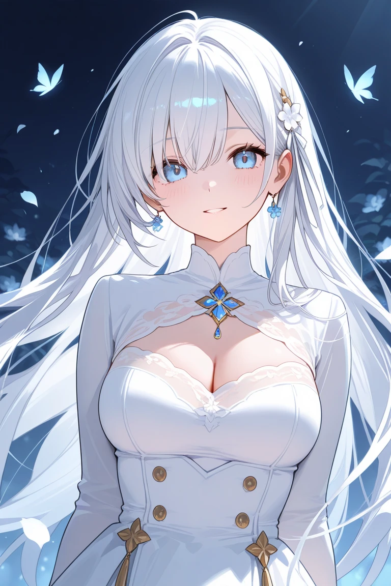 silber hair,butterflys,long whitr hair,white wedding gown,8k wallpaper,detailedbackground,Highest high resolution,deep v big breasts,Hair covers one eye,Bandeau wedding dress,chies,White rose,tight-fitting,