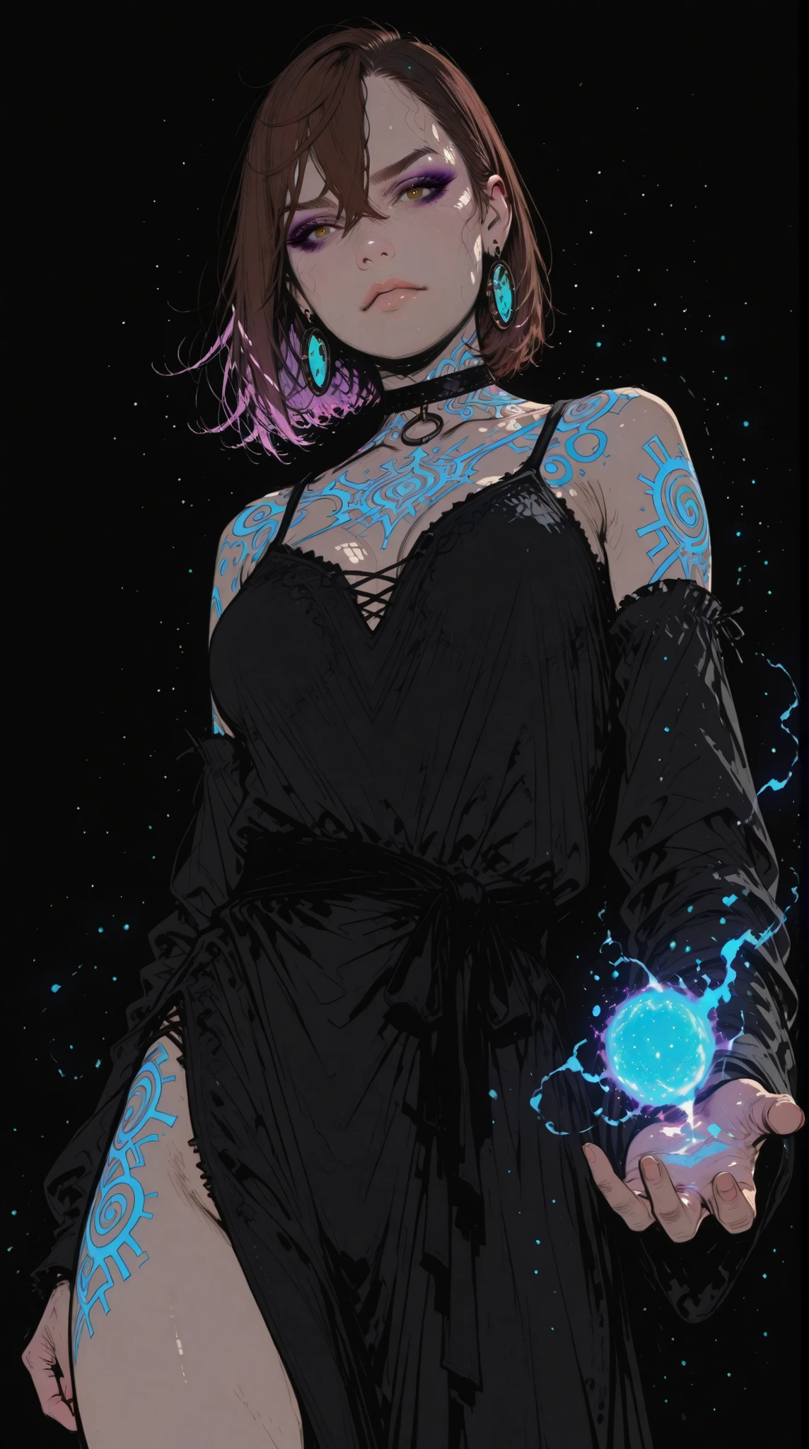 HDR, 8K, high contrast, masterpiece, best quality, amazing quality, very aesthetic, realistic, newest, volumetric lighting, (flat colors:2), ((black background)), (incase:0.3), (tsuaii:0.3),
1girl, momo ayase (dandadan), brown hair, short hair, hair between eyes, asymmetrical bangs, brown eyes, earrings, black choker, solo, sexy sorceress girl, tribal tattoos, perfect face, thick eyeliner, medium breasts, cowboy shot, (casting magic spell), magic aura, glowing particles, dynamic pose, dynamic angle, action shot, Sinozick_illu, nsfw