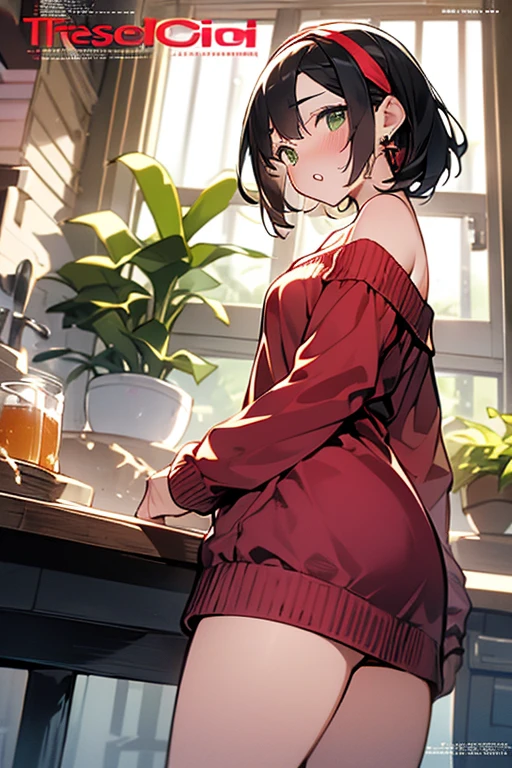 (small breasts:1.3), (perky chest:1.1), (pointed chest:1.0), (fashion magazine cover:1.3),(from below:1.0),(from side:0.9),masterpiece, 1girl, Amazing Cleavage:1.1, thin waist, big ass, Raised sexy, small breast: 1.3, posed cleavage:1.2、solo, looking at viewer, open mouth, have a cute grass of cute beergrass,black hair, dark green eyes, dress, bare shoulders, jewelry, collarbone, sidelocks, hairband, earrings, indoors, off shoulder, :o, sweater, arms behind back, plant, short hair with long locks, gild hairband, off-shoulder dress, sweater dress, off-shoulder sweater, red sweater, dark gord hair, big side hair, very long side hair,is rendered in (masterpiece: 1.2, best quality), with (ultra high resolution) and an exquisite (depth of field). This masterpiece is not only visually stunning but also tells,A scene of cooking in the kitchen by classroom