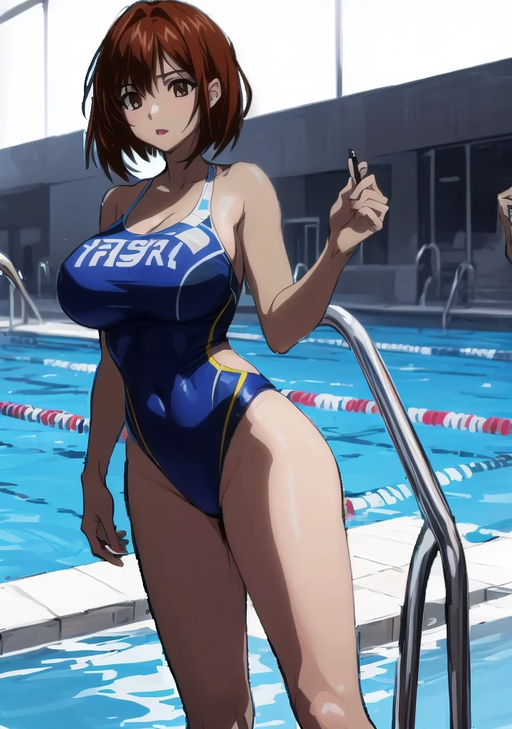 Emphasis on the crotch。Disdainful eyes and angry expressions (Glamorous photo of a dedicated female swimmer，Wearing a black competition swimsuit，moist vaginal area),(Strong expression and commitment to excellence:1.2), Inspired by fierce competition,(((milf))