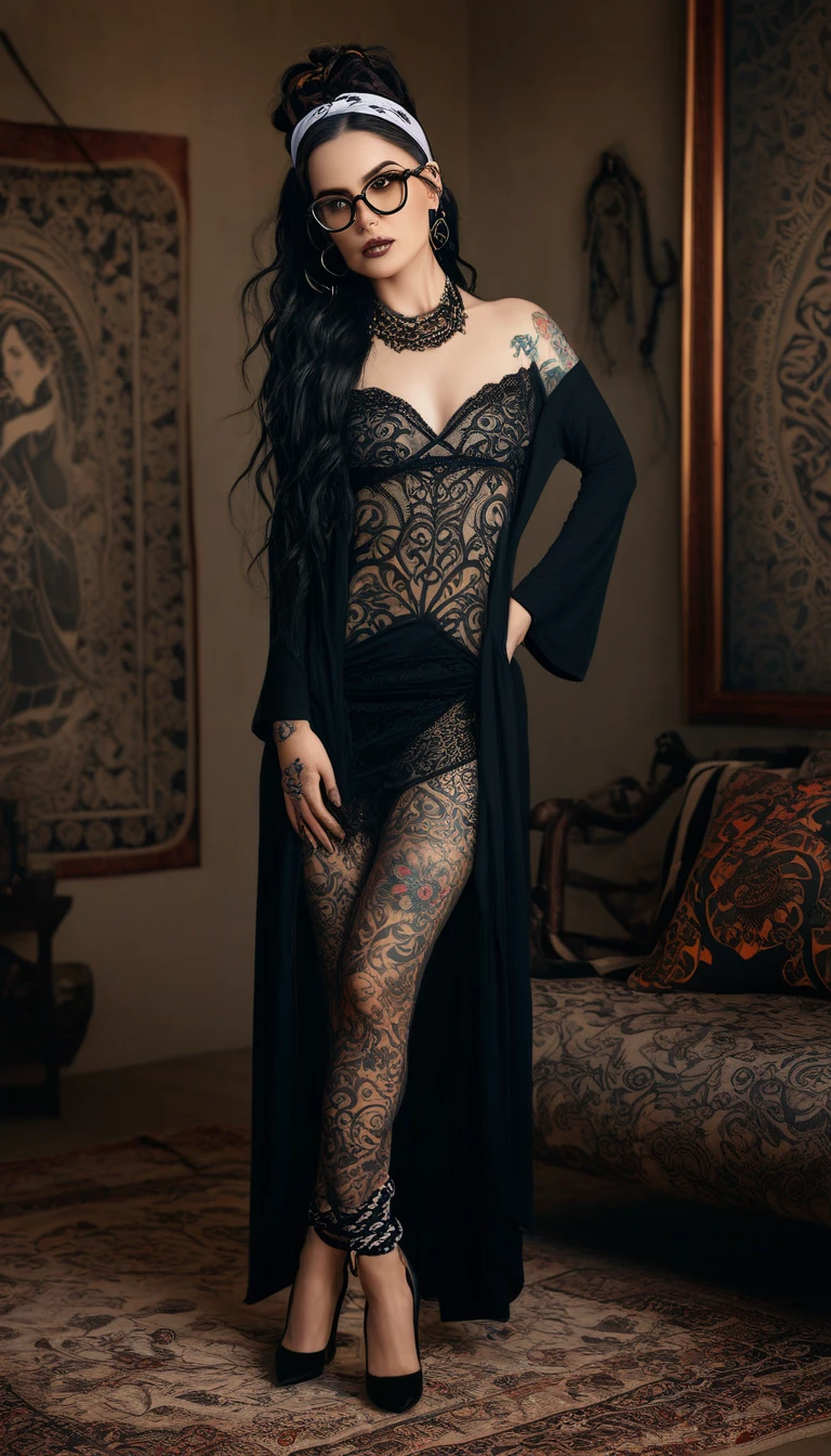 Bettina rheims shot, pagan saint, full body shot, the person is going through a heartbreak, tattoes, sacred, icon, this lady has tattoos, in the style of contemporary gothic, fine feather details, uhd image, altarpiece, scanner photography, manticore, intricate textures
