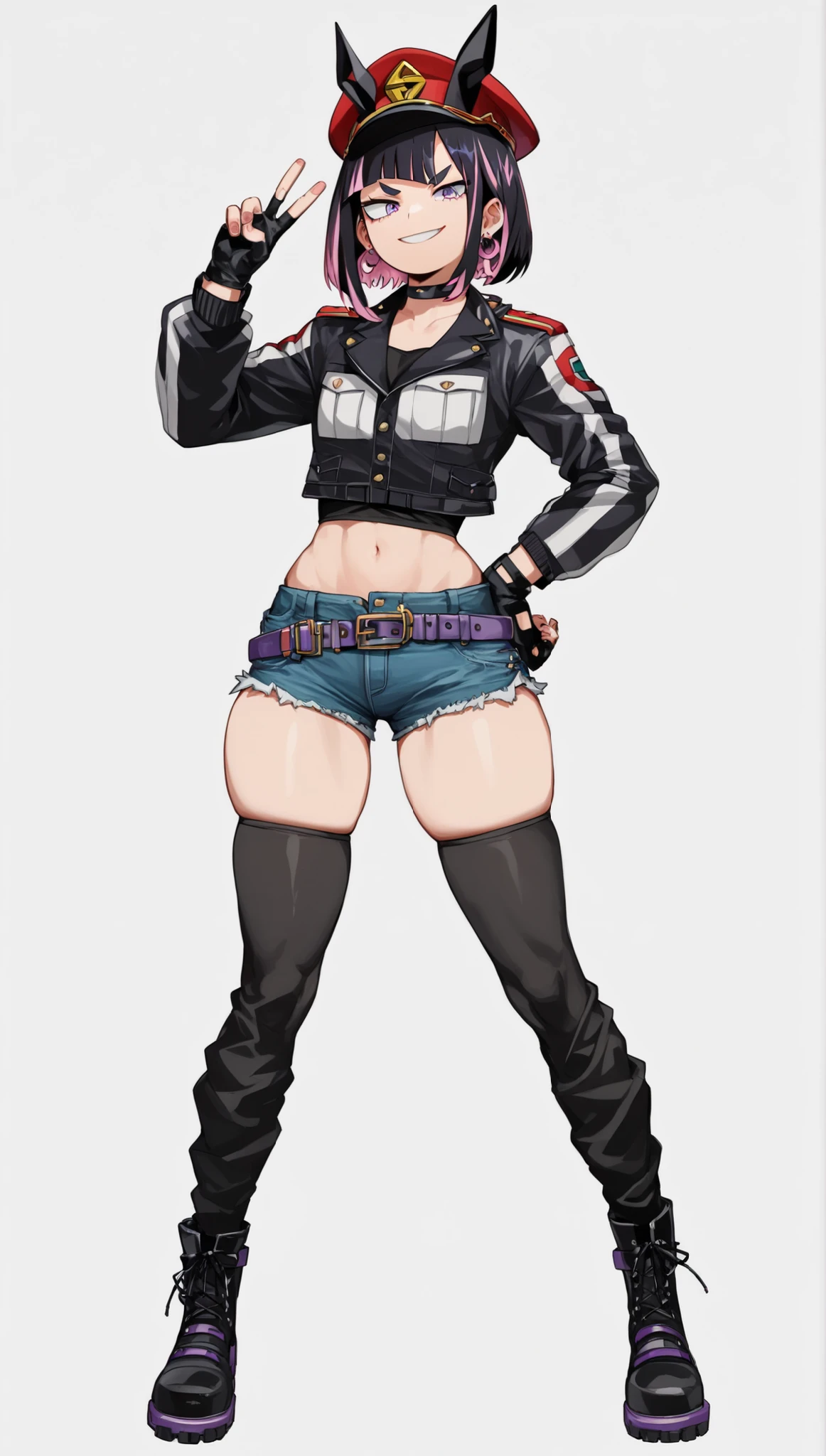 Beautiful police lady, 1 Girl, Full body, Doing a sassy pose, Spellcasting pose, Best quality, Ultra Detail, 8K, Ultra high realistic, Detailed face, Love eyes pupil, Masterpiece, (Naked:1.3), (Blushing:1.3), Milf, , Oily skin, Ahegao face, Open breast, Big thighs, (delicate cute face), black choker, white gloves, long sleeves, bandeau, cleavage, strapless, tube top, navel, midriff, open jacket, open clothes, black jacket, black belt, denim shorts, cutoffs, mismatched footwear, Dark Gothic Makeup, Blade and soul, Final fantasy 14 style, Wet Skin, Big thigh