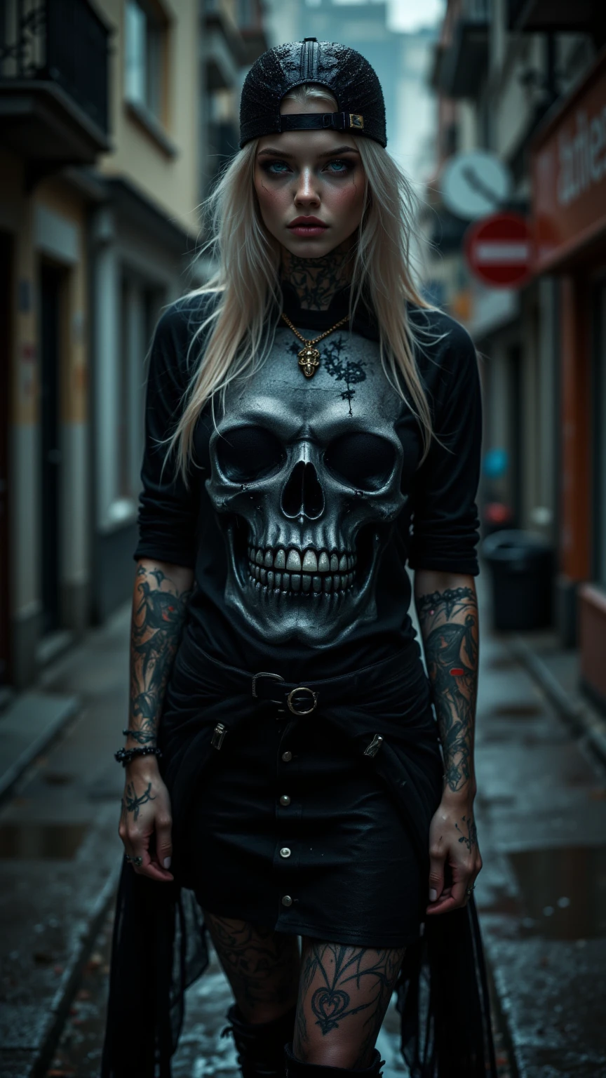 portrait of a female rocker, oversize sweater, expressive eyes, tattoo, bob short hair, blonde, attitude, sultry, pictorialism, dystopian, grim dark, goth, chiaroscuro, contrast, surrealism, gritty background, background grunge graffiti wall, high angle view