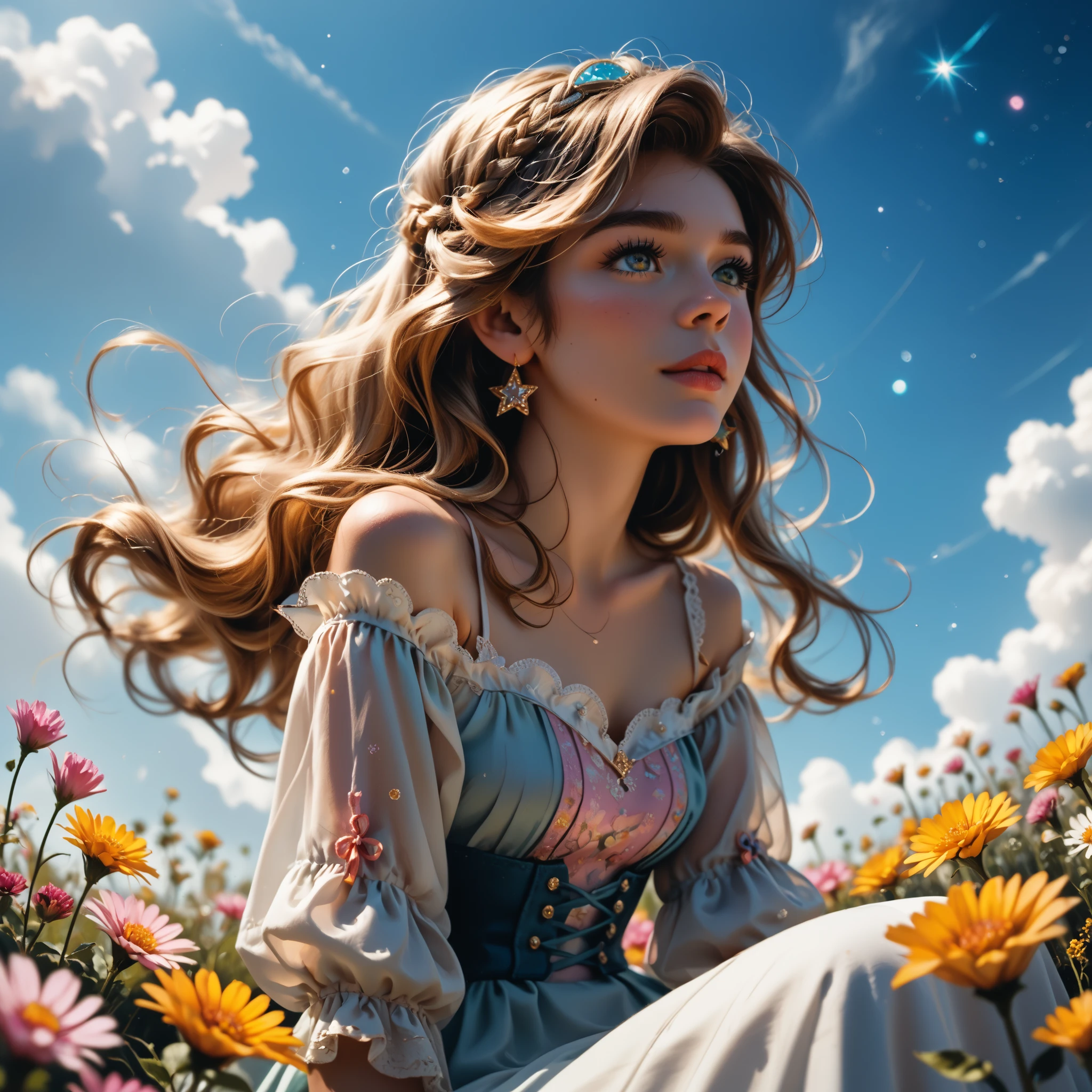 A photo taken from a low camera angle about a calm scene featuring a young woman with long, flowing blonde hair sitting on her knees on a grassy hill surrounded by colourful flowers and planets floating in the stars. The woman who looks in her early 20s is placed in the centre of the image with her upper body facing the viewer. She is wearing a short-sleeved pale pink off-the-shoulder dress and her hair is styled for long hair. Her facial expression is calm, and she has a beautiful proportions body with rich curves. I'm looking up at the stars and planets in the sky. This image has a dreamlike, ethereal quality in a soft, picturesque style that captures the beauty of space and the vastness of the universe.