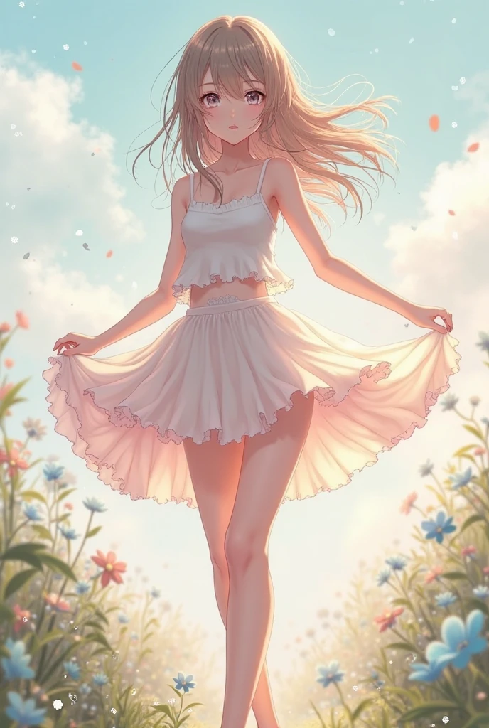 ((masterpiece、4k、8K(masterpiece, highest quality:1.6), thighs, beautiful girl, garden, blue sky, looking at the viewer, thin waist, official art, Raw photo, incredibly absurd, face light, dynamic lighting, cinematic lighting, surreal, High resolution, photo shoot, sharp focus, most detailed, very detailed, super detailed, finely, very detailed目と顔,fluttering grass,(spring,cherry blossomsの花),petal,(Lens flare),altocumulus,bright light,cool breeze,(shade) internal [cherry blossoms],grassland,.best image quality，naked，wipe panties，publish one&#39;chest of，sexy and excited，beautiful breasts,white skin,pointed chest,erect nipples,porn images，lots of sweat，wet costume，wet body，See through，underskirt lift，nipple slip from，cum on chest，cum in pussy，light yellow hair，Double ponytail hairstyle，pink eyes，pink eyes，teenage girl，White gorgeous beautiful dress，White silk pantyhose，I&#39;m wearing white high heels on my feet，whole body写真，whole body，Fingers and arms are not exposed，blue sky and white clouds，happy expression