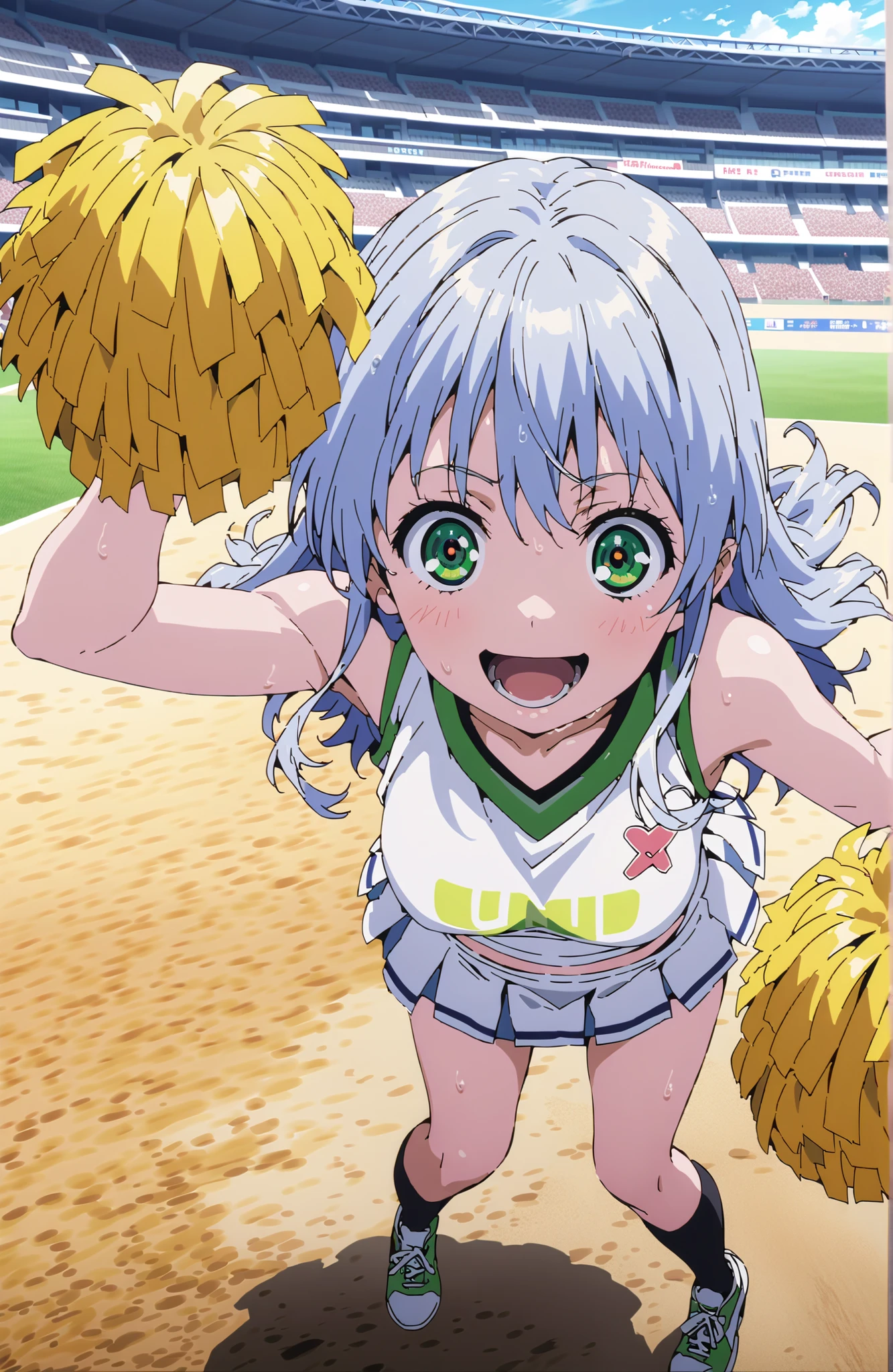 score_9, score_8_up, score_7_up, source_anime, Prohibited bibliography, green eyes, blue hair, long hair,smile,cover,open your mouth, anime screencap, (Cheerleading), (full body),  on chest, (I sweated), I sweated Wet Clothes, (white clothes),sleeveless, pleated skirt,black socks,sneakers with a ladyback letter,belly button stick, playground, (jump), (jump), 足を曲げてjumpする, , blue sky,  Compa, smile,cheerleader, Pom-pom \(Cheerleading\) real hair ornaments,Customer,full bodyがillustrationsに入るように,break outdoors,stadium,
break looking at viewer,full body,
break (masterpiece:1.2), Best Quality, high resolution, Unity 8k 壁紙, (illustrations:0.8), (beautiful detailed eyes:1.6), very detailed face,  perfect lighting on the table, Extremely Detailed CG, (perfect hand, perfect anatomy),