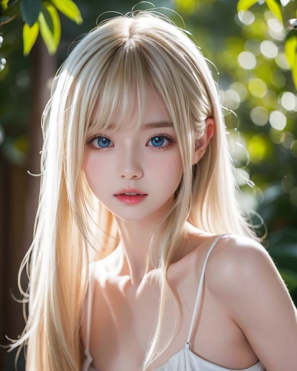 Poor breasts、Silky Skin and Glowing Cheeks、A very beautiful and adorable 20 year old girl、((Long bangs that reach under the nose and between the eyes,,,))、Beautiful and cute young woman with very long hair, Silver, silky platinum blonde hair、Very beautiful pale yellow eyes shining、Bright expression、Summery clothes、Poor breasts、
