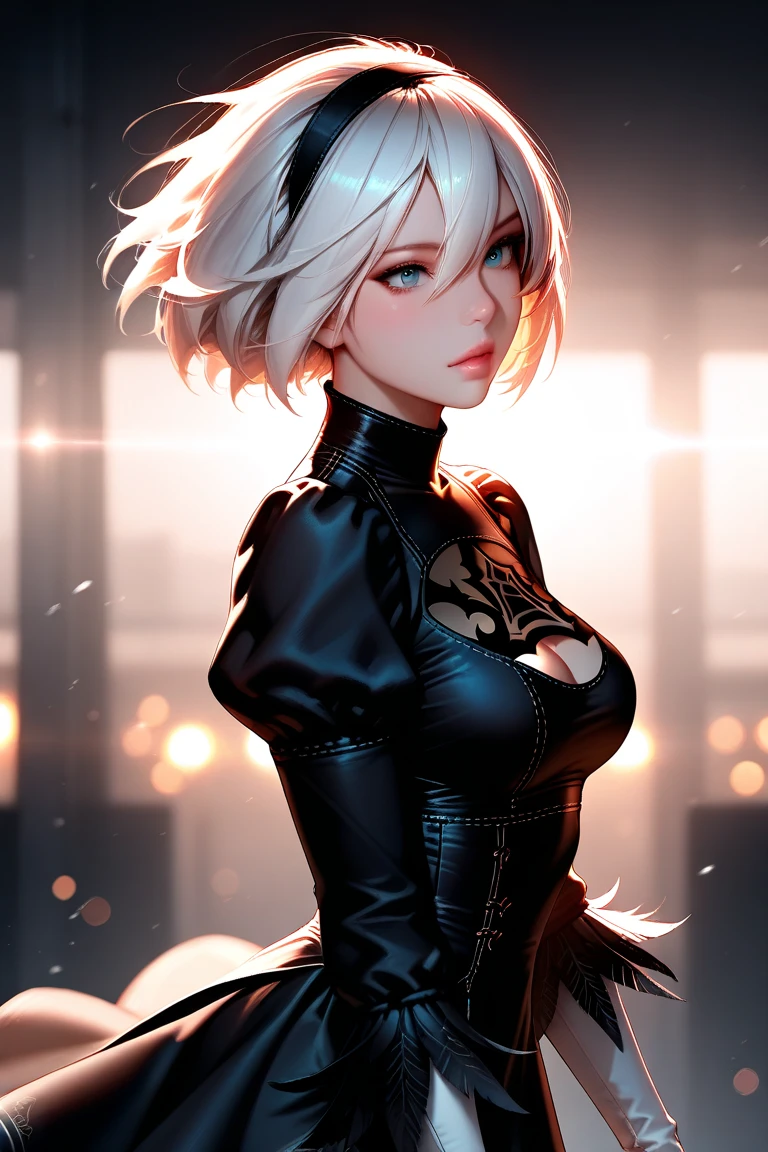 {(masterpiece,best quality, 16K portrait, UHD, extremely detailed the work, detailed beautiful face and eyes and skin and hair)} BREAK {(ultra realistic photo graphic style)} BREAK {solo,(2B of Nier-Automa:1.4), (lightbrown-lightwhite colored hair:1.4, short cut hair), (medium mouth),(narrow and sharp eyes),(attractive blue-glay eyes:1.4),(left-eye hidden by bangs:1.2),(slender body,small breasts):1.2,captivating lips} BREAK {(Nier-Automata-2B costume:1.2),(cleavage between breasts:1.2),(hairband:1)} BREAK {(body-shot,gravure-model pose}