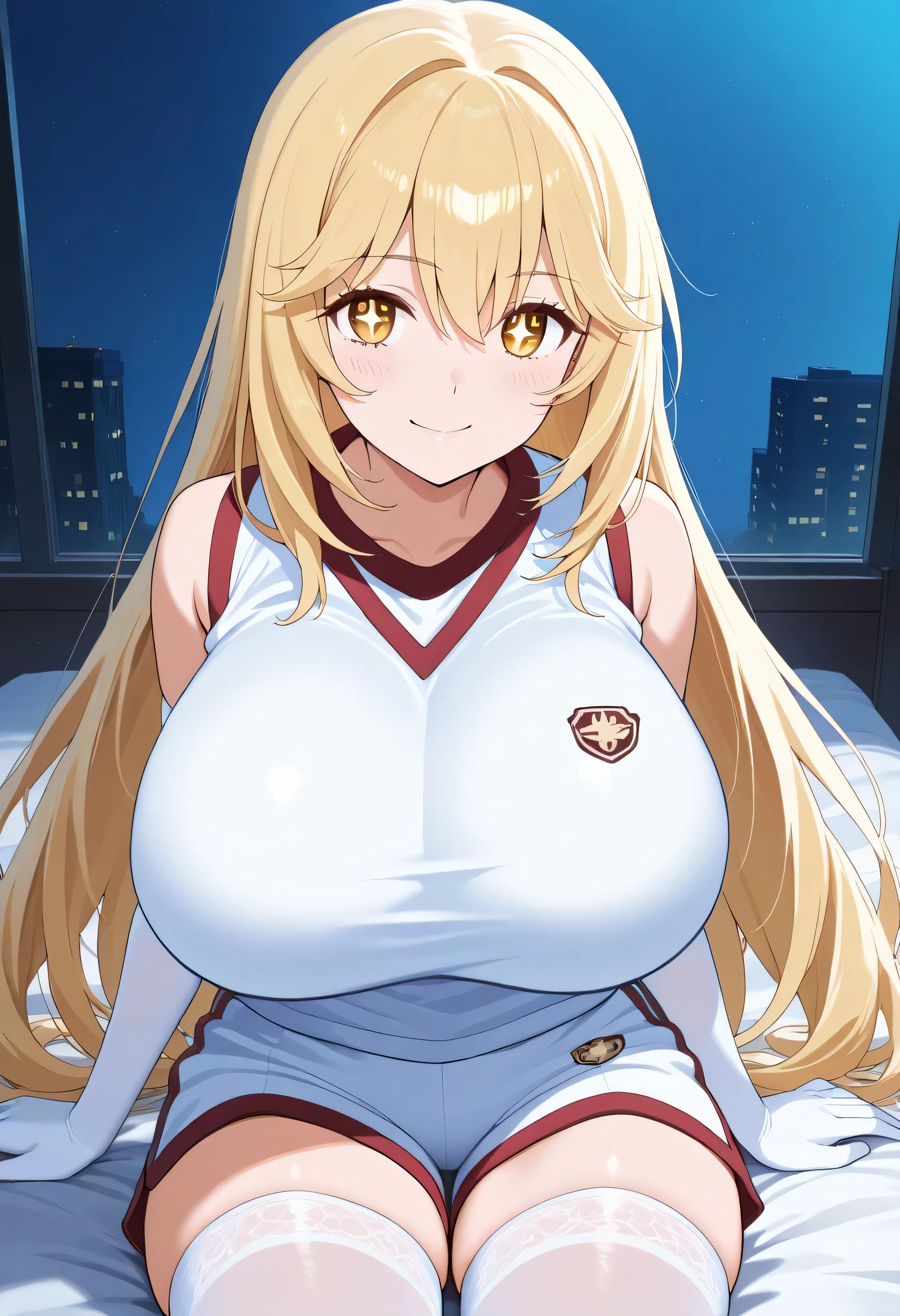 1girl, solo, looking at_in_viewer, white_gloves, elbow_gloves, white_thigh high socks, Gym_uniform, white_shirt, smile, +_+, popup, too big chewy , hyper breasts, sleeveless_shirt, brown with swe_eye, Gym_shirt, very_length_hair, closed _mouth, Naked_shoulder, Gym_shorts, white_shorts, hair_between_eye, bedroom at night, sitting, Shine_eye, Young face, anime style